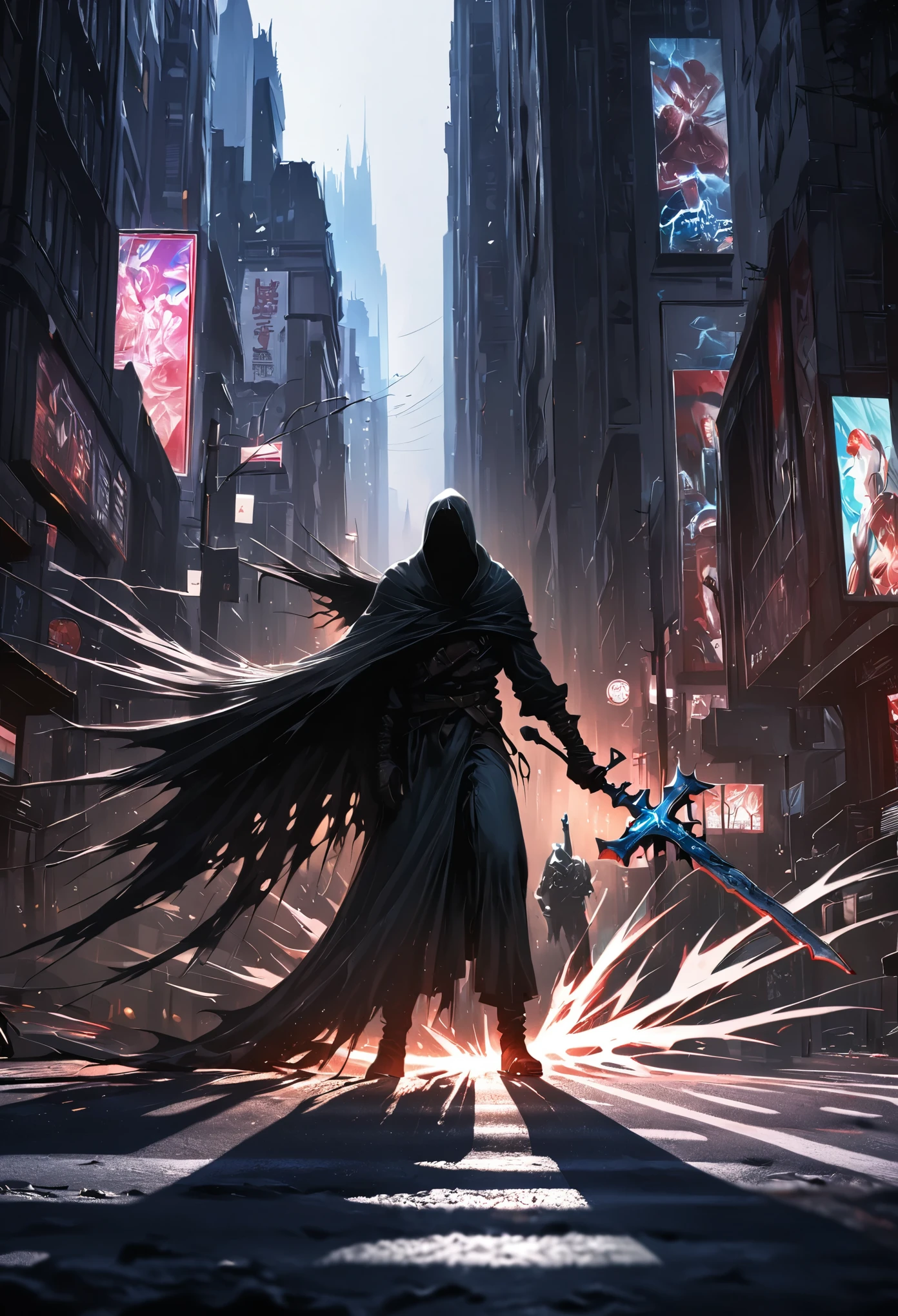 (masterpiece, best quality: 1.2), angel underground, broken wings, holding a blue silver crucifix, moonlight, ominous clouds, dark fantasy illustration style, dark arts, high contrast, dark shadows, atmospheric perspective , melancholic colors, cinematic composition, volumetric lighting, numbers, brush strokes, dramatic lighting, low angle, surrealism, super detailed, hyperrealism, (high quality, 8k, 4K, high contrast, masterpiece: 1.2, 最high quality, best aesthetic), Shibuya crossing, post-apocalyptic, 1 man, focus, intense fight, fighting action pose, ((( Blur effect motion speed: 1.6))), destroyed Tokyo atmosphere, empty street scene, broken neon signs, depressing atmosphere, fast movement, ((motion blur on arms)), shadow assassin, assassinating an enemy , destroyed architecture, blood on the ground, less blood stained, evil energy, cinematic colors, dynamic settings, atmospheric perspective, epic lighting, (1vs1), (desenfundado).