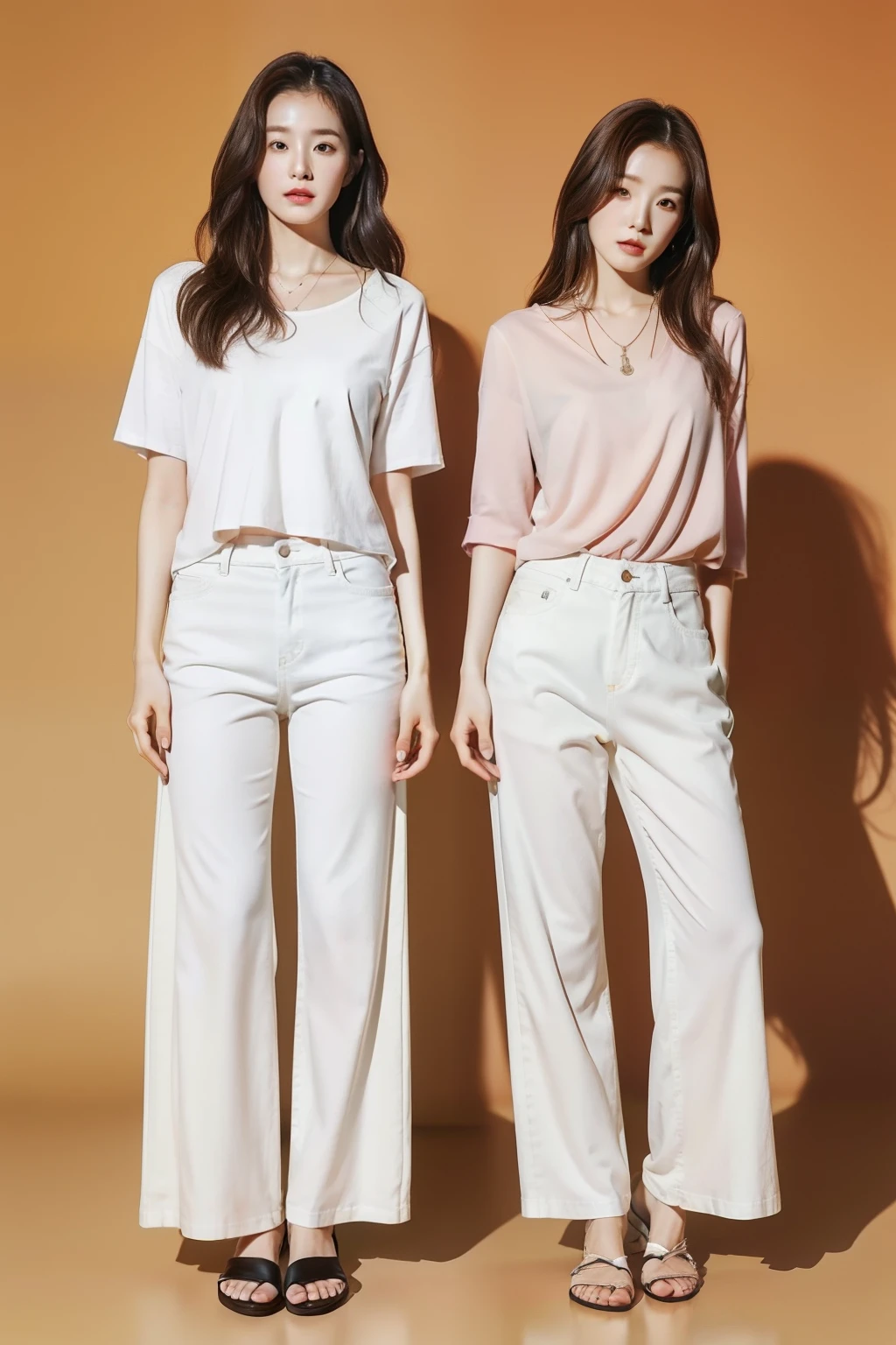 top-quality、8k、32k、masterpiece、UHD:1.2)、Photo of a cute Japanese woman、Slender figure、Facing down、Pointing to a parasol、Brown hair color、Longhaire、FULL BODYSHOT、sface focus、a necklace、simple background、Oversized white T-shirt、denim pant、sandal、The heel is floating off the ground、2 woman, twins