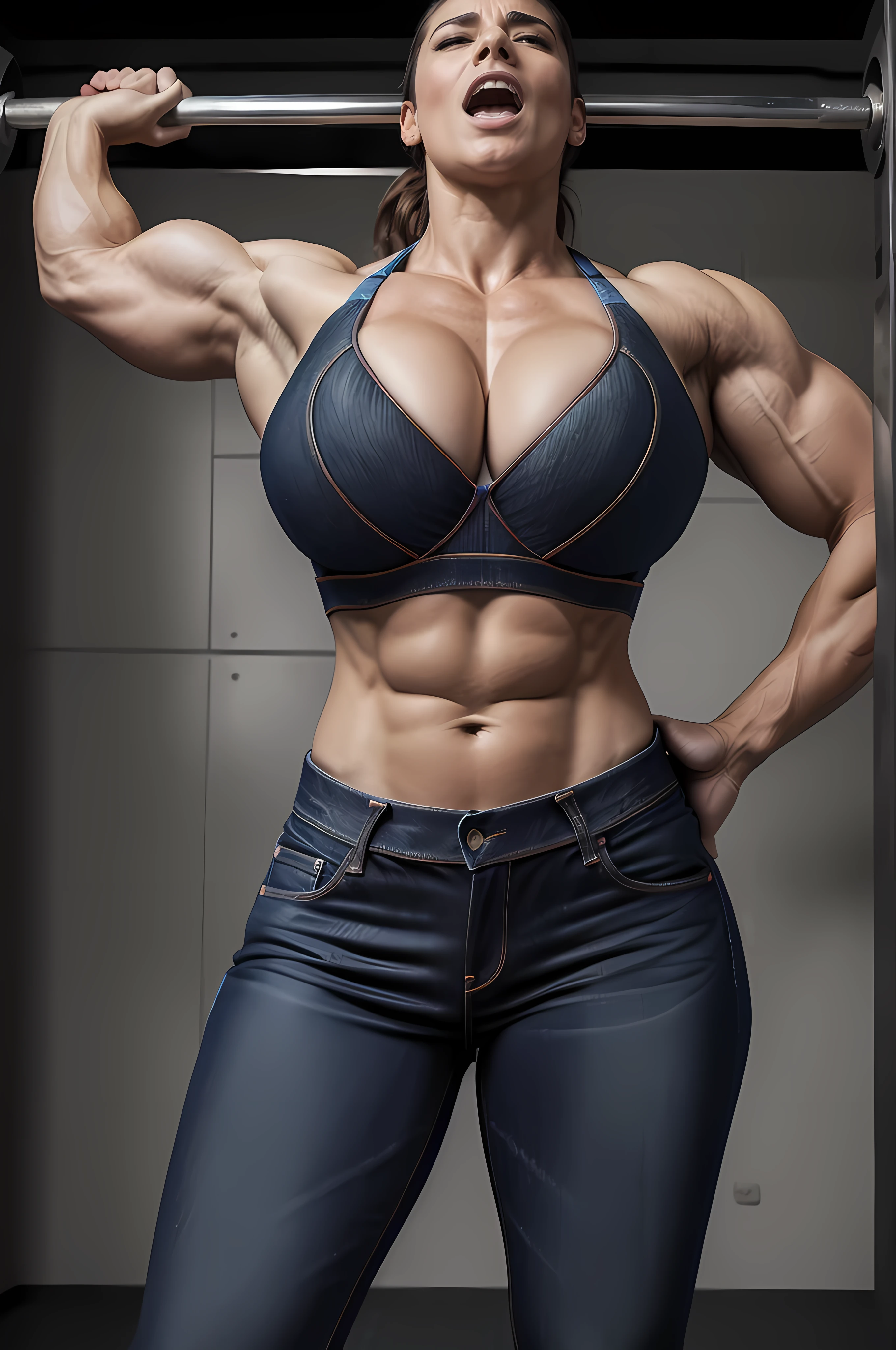 (Best quality, 8k, 32k, Masterpiece, UHD), Beautiful woman (30 years old), (((jeans, blue sports bra))), ((Massive female bodybuilder)), ((Huge breasts)), athletic, weight lifter, wide hips, cleavage, gym in background masterpiece, perfect lighting, uhd, 8k, narrow waist, brown curly non straight ponytail hair, (intense angry look on face), full body view, shot from below, (screaming 1.1) lifting a barbell, looking at viewer