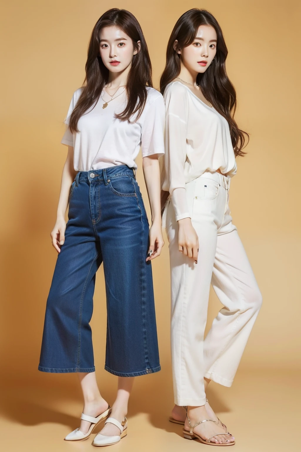 top-quality、8k、32k、masterpiece、UHD:1.2)、Photo of a cute Japanese woman、Slender figure、Facing down、Pointing to a parasol、Brown hair color、Longhaire、FULL BODYSHOT、sface focus、a necklace、simple background、Oversized white T-shirt、denim pant、sandal、The heel is floating off the ground、2 woman, twins