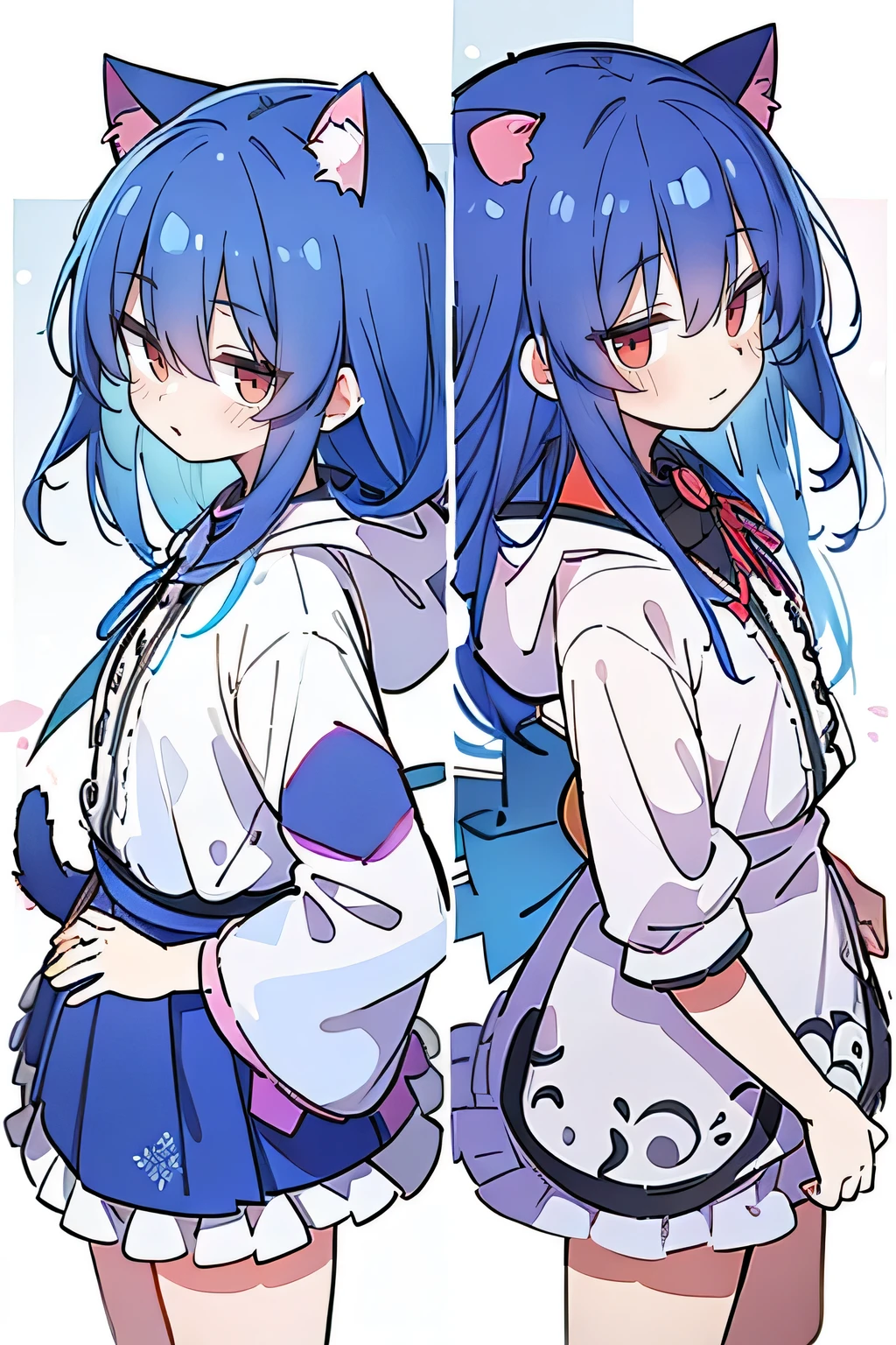 （masterpiece：1.2），Super detailed，lifelike，Expressive eyes，fair skin，perfect face shape，1 girl，
Japanese comics,Gorgeous blue hair,flowing blue hair,flowing clothes,Cat ears,Petals fall,beautiful lola,Baby Angel,
Shaking head with one hand，Cross your legs，Gentle and peaceful background，The pavilion is cool and comfortable,smile, wearing hoodie, background of tokyo,back views.snowing, winter.