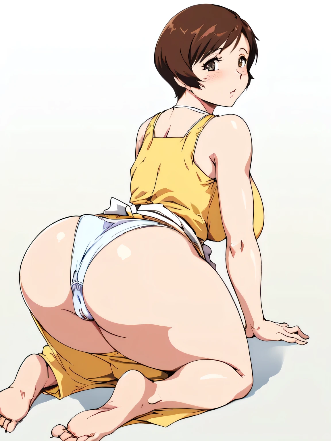 masterpiece, highest quality, High resolution, short hair, etsukoto, Big and ample breasts, cleavage, (Perfect beautiful yellow dress:1.4), ((White waist apron)), White panties, nsfwal face, (((simple background))), Shiny oily skin, Huge long breasts, Naughty big、((Big breasts are important))、Naughty thighs、L Cup、alone,(thin:1.4),(Thin waist:1.4), Mature mother, huge breasts, ((((thick thighs, plamp thighs, voluptuous thighs, ample thighs)))), Calf, Seductive mature woman, Perfect body, Plus Size Model, etsukoto, blush, clavicle, retro artstyle, 1990s (style), (((deep nude, all fours, Small size panties digging into her ass, showing ass))), from back, focus ass, (((nsfw))),