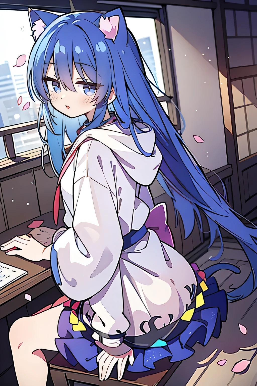 (masterpiece:1.2),Super detailed,lifelike,Expressive eyes,fair skin,perfect face shape,1 girl,
Japanese comics,Gorgeous blue hair,flowing blue hair,flowing clothes,Cat ears,Petals fall,beautiful lola,Baby Angel,
Shaking head with one hand,Cross your legs,Gentle and peaceful background,The pavilion is cool and comfortable,smile, wearing hoodie, background of tokyo,back views.snowing, winter.
