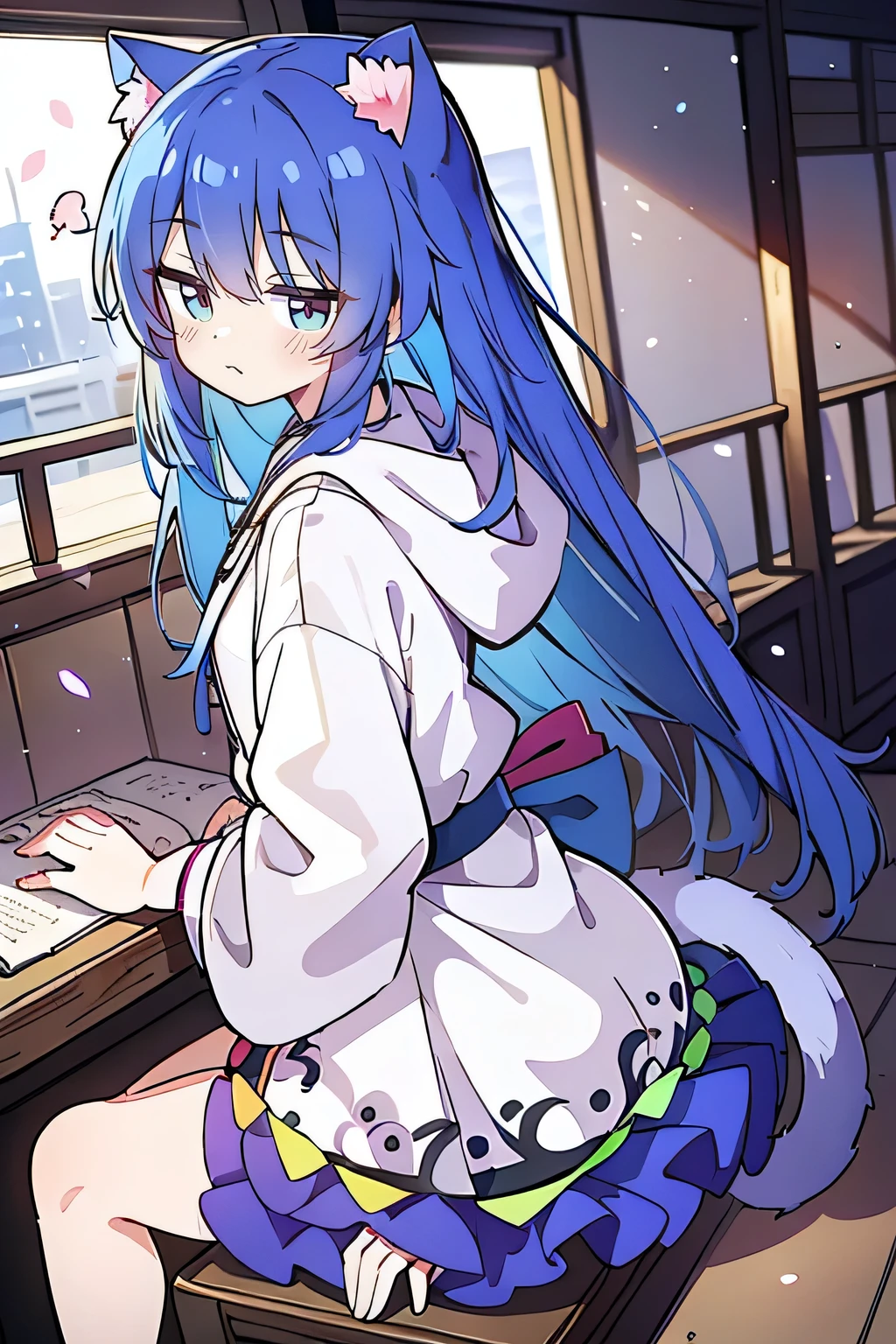 (masterpiece:1.2),Super detailed,lifelike,Expressive eyes,fair skin,perfect face shape,1 girl,
Japanese comics,Gorgeous blue hair,flowing blue hair,flowing clothes,Cat ears,Petals fall,beautiful lola,Baby Angel,
Shaking head with one hand,Cross your legs,Gentle and peaceful background,The pavilion is cool and comfortable,smile, wearing hoodie, background of tokyo,back views.snowing, winter.