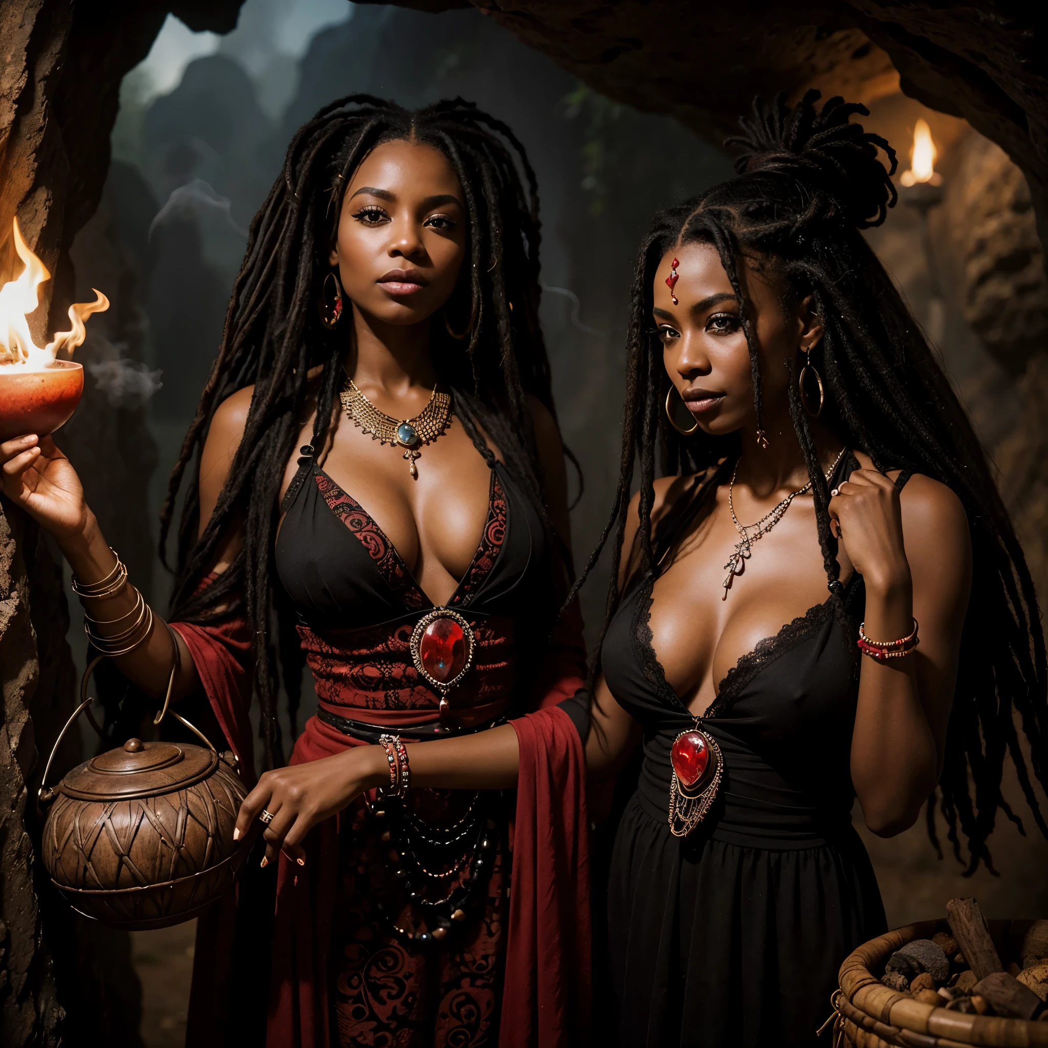 Beautiful black voodoo witches,dreadlocks,cleavage,beads,red dresses,cave,cauldron,potions,smoke