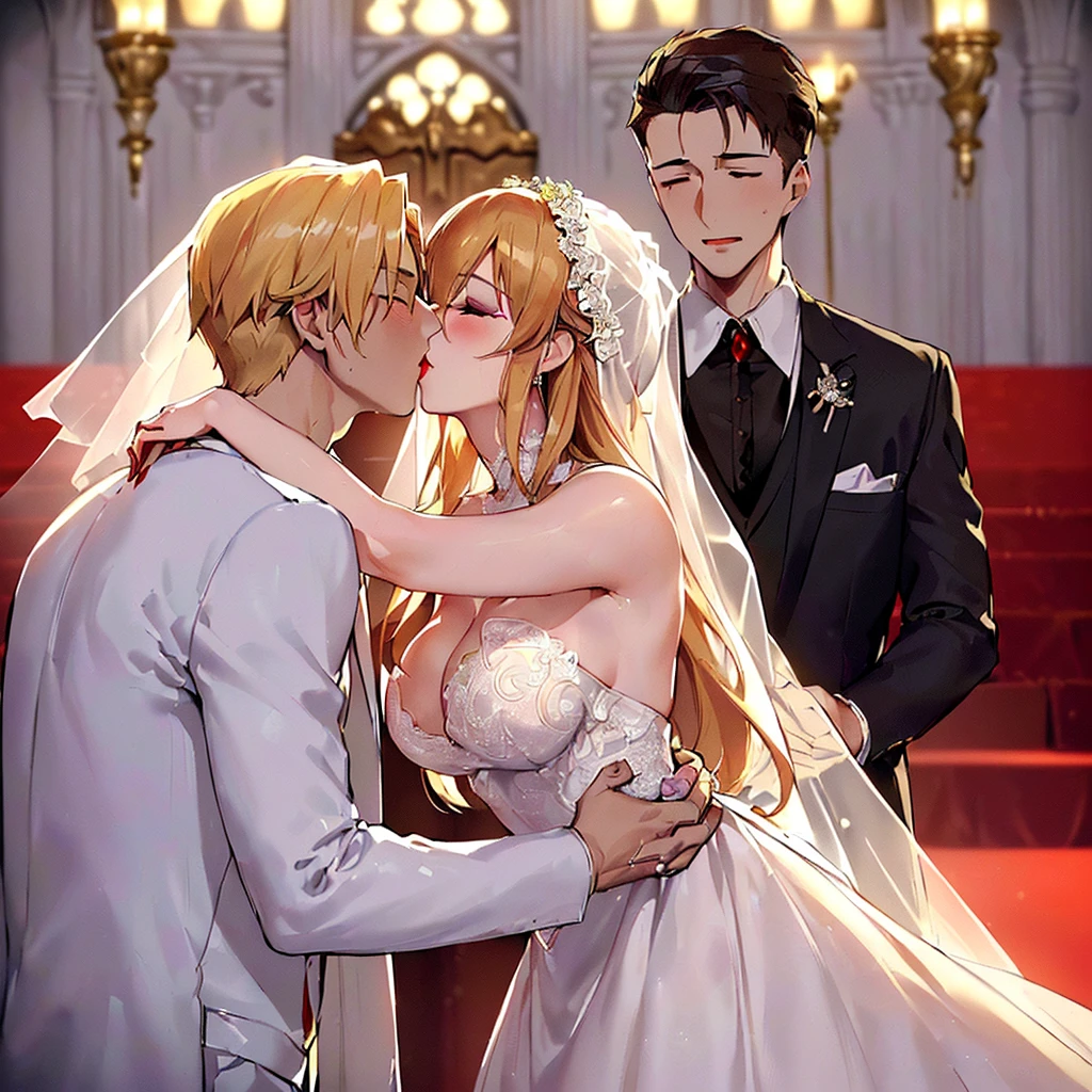 ((highest quality)), ((masterpiece)), (detailed), Perfect Face、(Yuuki Asuna)、(The woman has bright blonde hair)、((At the wedding ceremony, the woman and the man close their eyes, embrace each other and kiss each other firmly in front of the priest at the altar.))、((The man embraces the woman, holds the back of her head with one hand, and kisses her deeply as a vow.))、((The woman is wearing a gorgeous white wedding dress and a wedding veil.))、(Man in white tuxedo)、Men and women with gorgeous engagement rings、((The woman is wearing heavy makeup, including bright red lipstick and dark eyeshadow.))、The man gently strokes the woman's head with one hand.、The man is dressed luxuriously、((The man has a strong body and a big dick and balls))、(Woman looks happy)、(((The man is not wearing lipstick or makeup.)))、The man looks satisfied、Bedroom