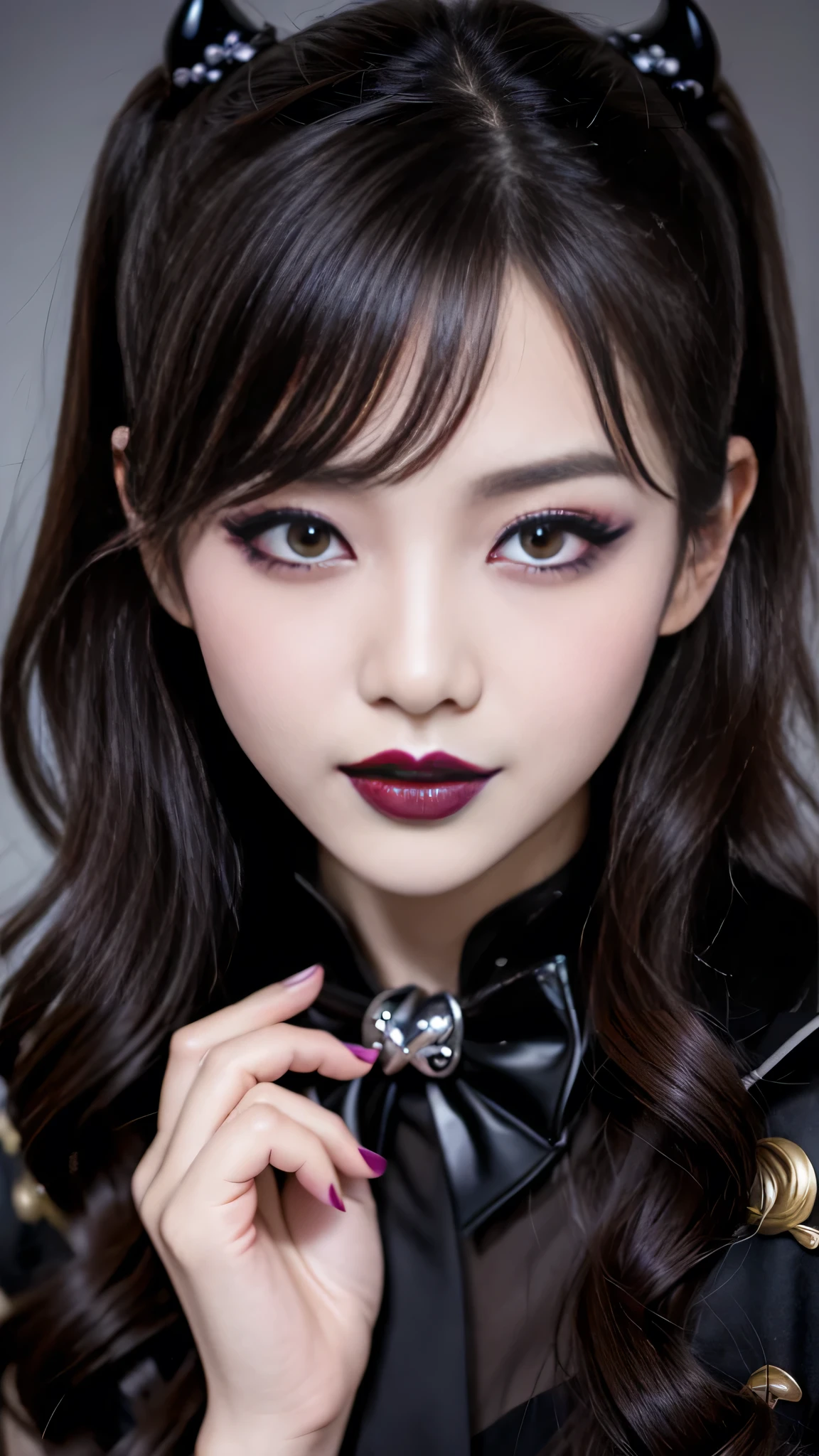 best quality、ultra-detailed、4k、Japanese、Seductive beauty、seductive adult woman、Pretty Woman、cool girl、Villainess、Brainwashed、brainwash、Fallen into evil、smirk、Evil look、Wicked Smile、evil、Brown hair、wavy hair、swept bangs、dark makeup、dark makeup、piercing eyes、hollow eyes,half-closed eyes、Hollow Eyes、purple Eyeshadow、black lipstick、black lipglos、Dark Costume、Costume of Evil、female cadres、night、inside school、Have lipstick、Emblem of Evil、Crest of Darkness、Swear allegiance、I have pledged my allegiance、Dye black、Blackening、Stained with evil、Dyed in darkness、Seduce