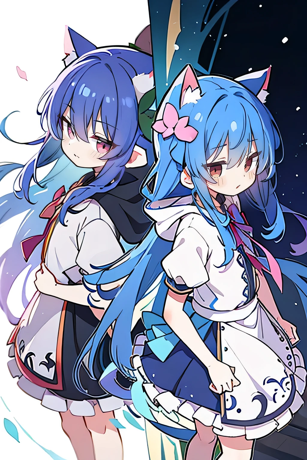 (masterpiece:1.2),Super detailed,lifelike,Expressive eyes,fair skin,perfect face shape,1 girl,
Japanese comics,Gorgeous blue hair,flowing blue hair,flowing clothes,Cat ears,Petals fall,beautiful lola,Baby Angel,
Shaking head with one hand,Cross your legs,Gentle and peaceful background,The pavilion is cool and comfortable,smile, wearing hoodie, background of tokyo,back views.snowing, winter.
