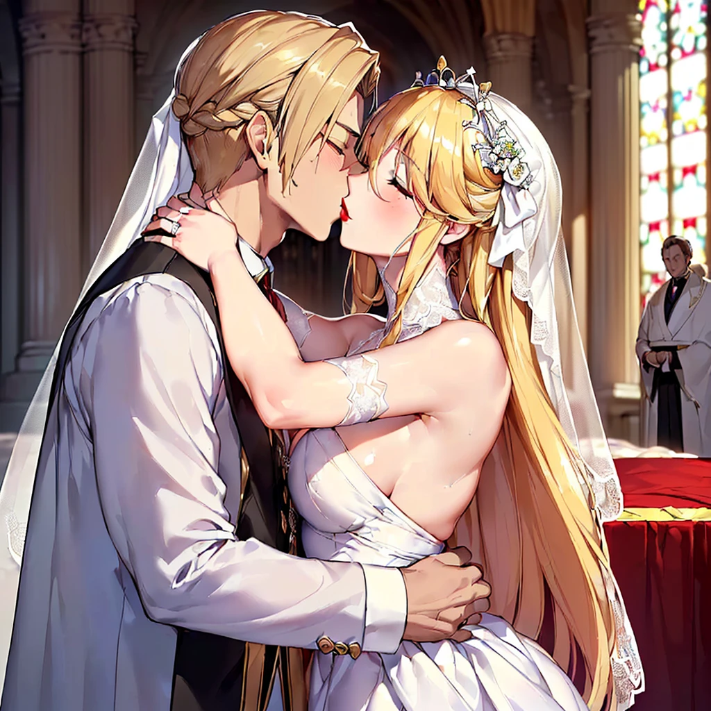 ((highest quality)), ((masterpiece)), (detailed), Perfect Face、(Yuuki Asuna)、(The woman has bright blonde hair)、((At the wedding ceremony, the woman and the man close their eyes, embrace each other and kiss each other firmly in front of the priest at the altar.))、((The man embraces the woman, holds the back of her head with one hand, and kisses her deeply.))、((The woman is wearing a gorgeous white wedding dress and a wedding veil.))、(Man in white tuxedo)、Men and women with gorgeous engagement rings、((The woman is wearing heavy makeup, including bright red lipstick and dark eyeshadow.))、The man gently strokes the woman's head with one hand.、The man is dressed luxuriously、((The man has a strong body and a big dick and balls))、(Woman looks happy)、(((The man is not wearing lipstick or makeup.)))、The man looks satisfied、Bedroom