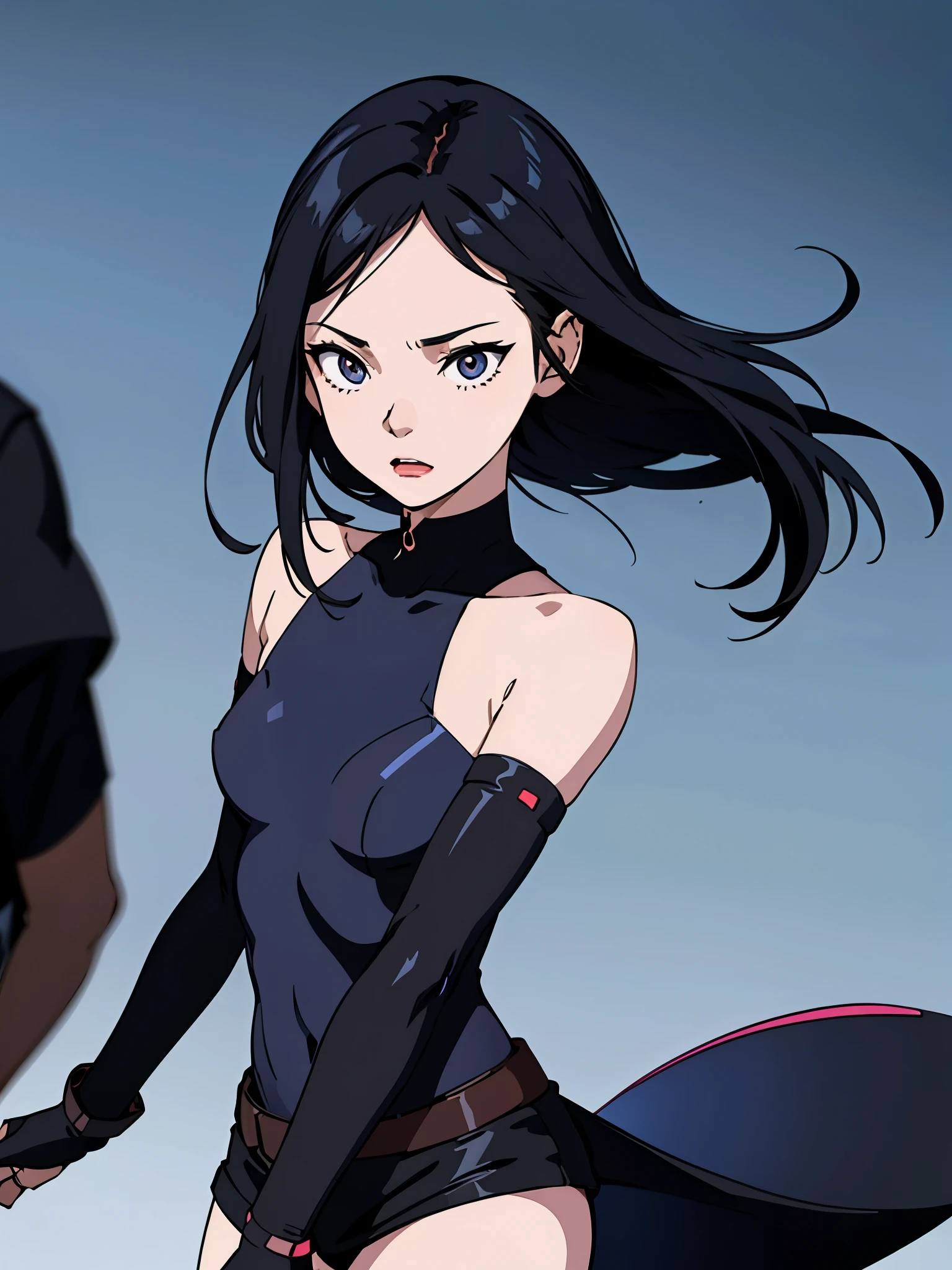 digital art drawing, illustration of (girl, long dark black hair mid part, brown eyes, sexy facial expression, flat chest, light blue corsette, single arm black sleeve, cyberpunk background), anime drawing/art, bold linework, illustration, digital art, masterpiece, flat illustration, no shadows, 8k resolution, high detail, vector art, only anime, perfect eyes, perfect hands, perfect fingers, sharpness, high clarity, medium close up, high fidelity