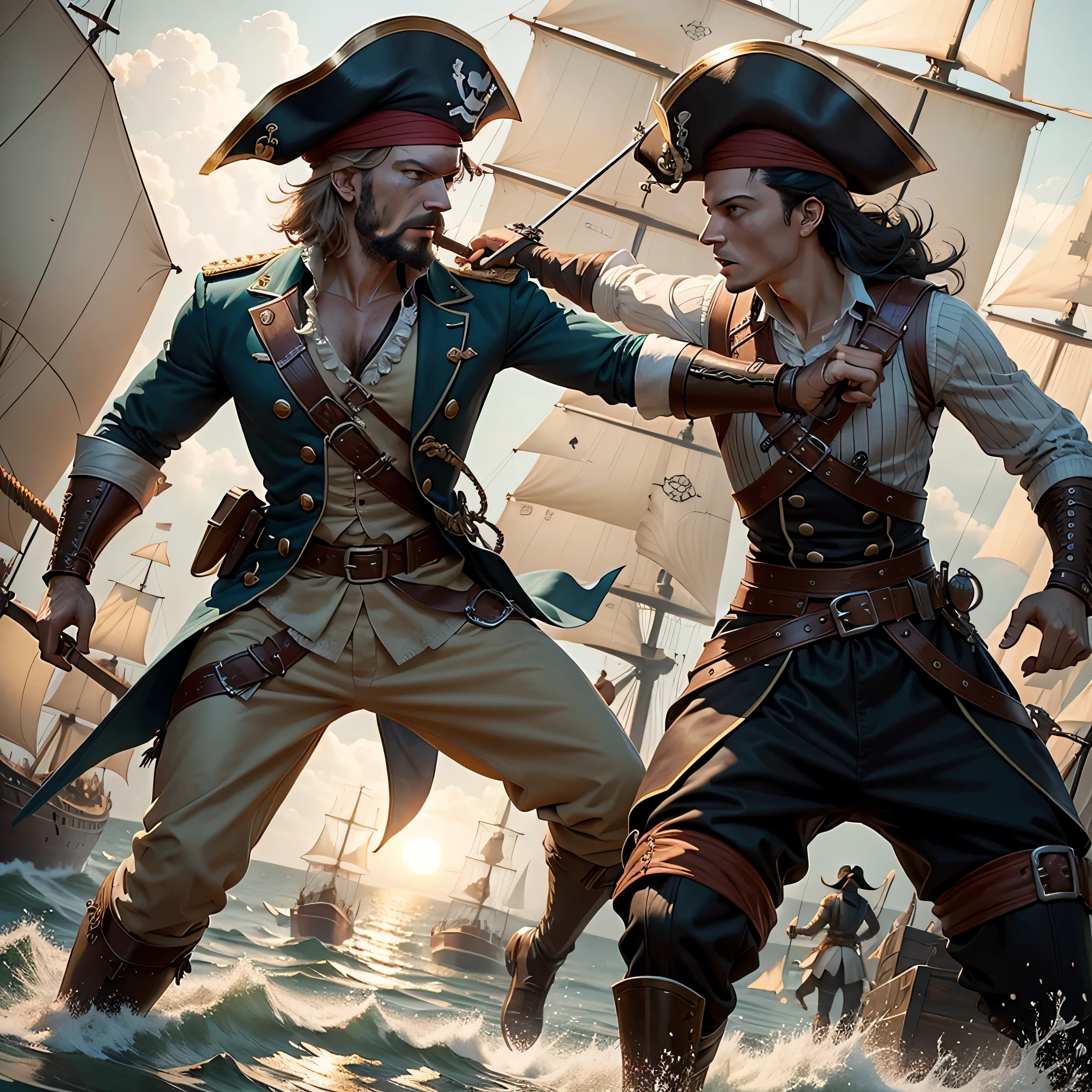 a pirate and a ship captain having a fencing fight, with swords and 17th century costumes, dynamic, dramatic, detailed, high definition, 8k.