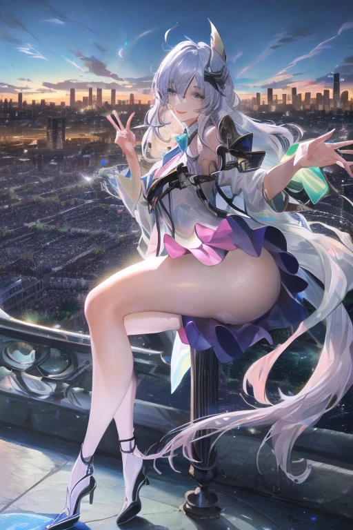 official art, masterpiece, Sharp focus, (Beautiful, gorgeous and cute Korean woman:1.3), (beautiful and cute korean:1.3), Korean beauty, Exquisite and beautiful hair、Eyes and face, Practical, Ultra Detailed, beautiful girl, Blue sky, Glowing white particles, (Side Light:1.2), Sunlight, Baiyun, Detailed clouds, slim, Very cute big and big butt, Smile with teeth bared, ((Smile with your eyes, Open your eyes)), landscape, Long and straight hair, Sexy facial expressions, architecture, (city View:1.7), Dynamic Hair, very Long and straight hair, Delicate platinum silver hair, Green eyes, Pink skirt, Black socks, Pale skin, Hair accessories, epic landscape,,White high heels,Nice butt,Beautiful buttocks,Nothing under the skirt,Weight loss
