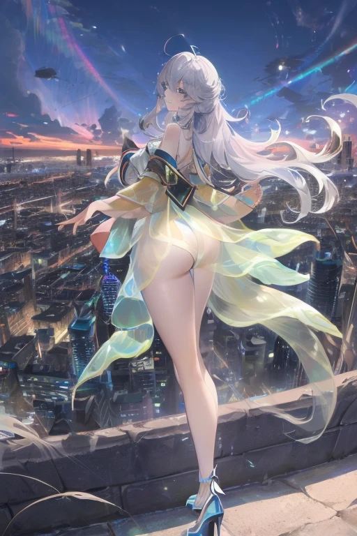 official art, masterpiece, Sharp focus, (Beautiful, gorgeous and cute Korean woman:1.3), (beautiful and cute korean:1.3), Korean beauty, Exquisite and beautiful hair、Eyes and face, Practical, Ultra Detailed, beautiful girl, Blue sky, Glowing white particles, (Side Light:1.2), Sunlight, Baiyun, Detailed clouds, slim, Very cute big and big butt, Smile with teeth bared, ((Smile with your eyes, Open your eyes)), landscape, Long and straight hair, Sexy facial expressions, architecture, (city View:1.7), Dynamic Hair, very Long and straight hair, Delicate platinum silver hair, Green eyes, Pink skirt, Black socks, Pale skin, Hair accessories, epic landscape,,White high heels,Nice butt,Beautiful buttocks,Nothing under the skirt,Weight loss