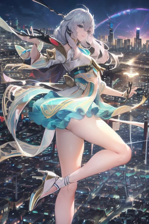 official art, masterpiece, Sharp focus, (Beautiful, gorgeous and cute Korean woman:1.3), (beautiful and cute korean:1.3), Korean beauty, Exquisite and beautiful hair、Eyes and face, Practical, Ultra Detailed, beautiful girl, Blue sky, Glowing white particles, (Side Light:1.2), Sunlight, Baiyun, Detailed clouds, slim, Very cute big  and big butt, Smile with teeth bared, ((Smile with your eyes, Open your eyes)), landscape, Long and straight hair, Sexy facial expressions, architecture, (city View:1.7), Dynamic Hair, very Long and straight hair, Delicate platinum silver hair, Green eyes, Pink skirt, Black socks, Pale skin, Hair accessories, epic landscape,，White high heels，Nice butt，Beautiful buttocks，Nothing under the skirt，Weight loss