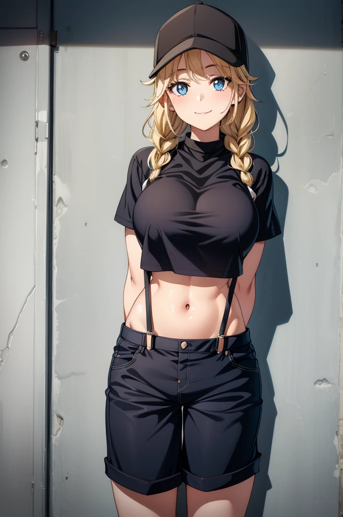 an attractive female with big natural wearing a big hat on the wall, 1girl, breasts, solo, hat, blue eyes, navel, blonde hair, large breasts, baseball cap, looking at viewer, smile, black headwear, braid, arms behind back, twin braids, crop top, shirt, stomach, suspenders, long hair, short sleeves