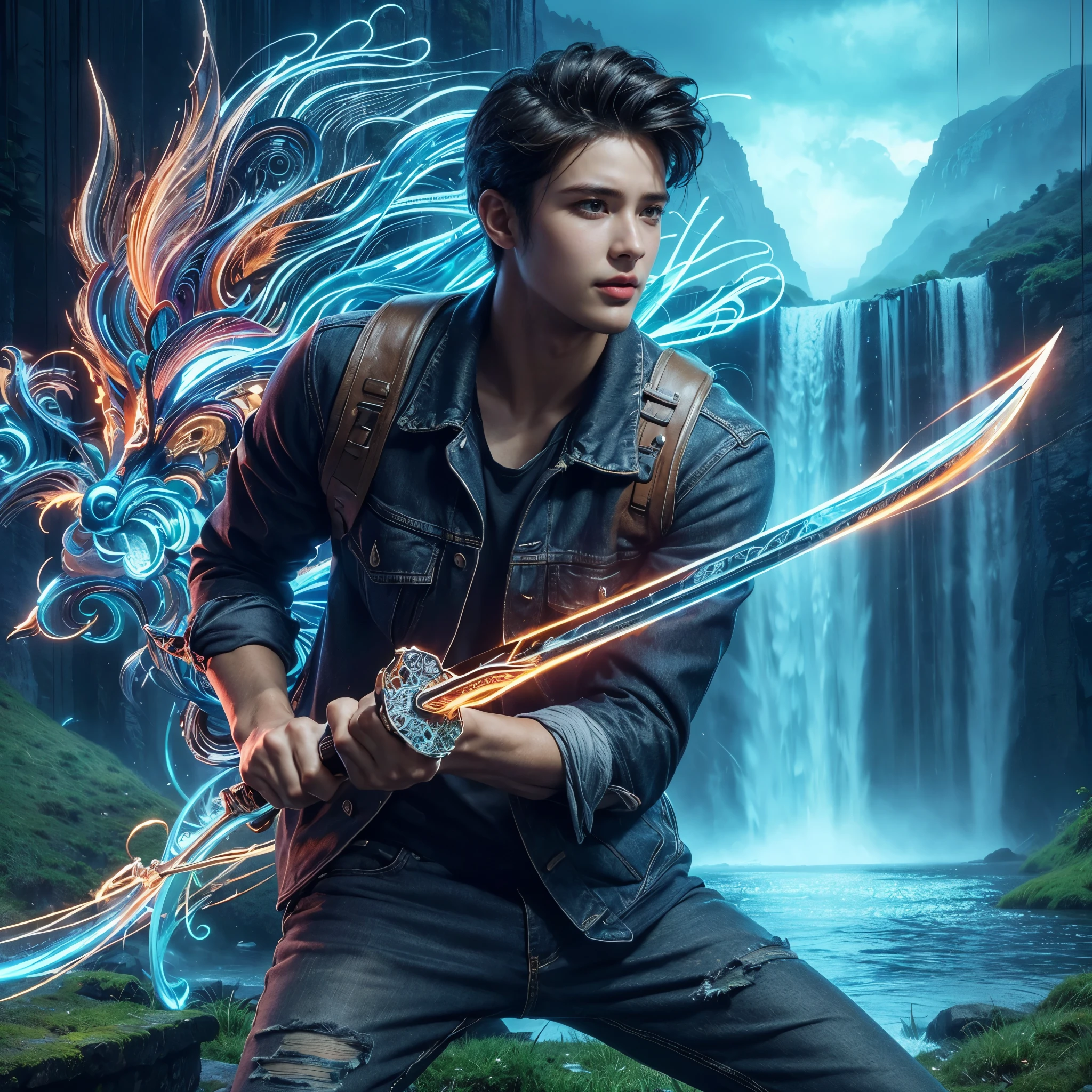 Professional photography masterpiece with 1 model: a confident, charming man in modern casual trendy attire, 25 years old, with a subtle smile, looking happy, holding a long sword with intricate tribal neon glowing, posing to attack an opponent forward, against a breathtaking waterfall backdrop with added mist, resembling a Sony 7000D photo, in high definition with dramatic lighting and added dramatic color effects.