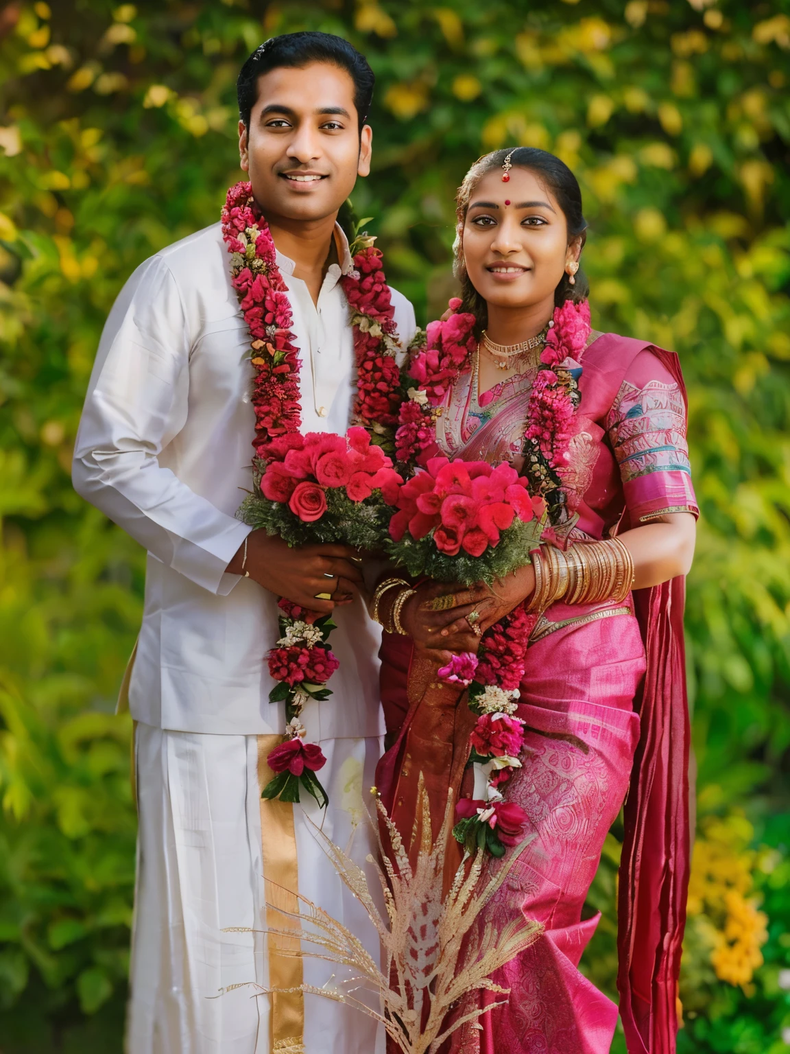 arafed indian couple posing for a picture in a garden, by Thota Vaikuntham, inspired by Thota Vaikuntham, wedding photo, portait photo profile picture, lovely couple, corrected, photoshoped, edited, retouched in photoshop, retouched, groom, complex background, face retouched, background removed, jayison devadas style, wedding