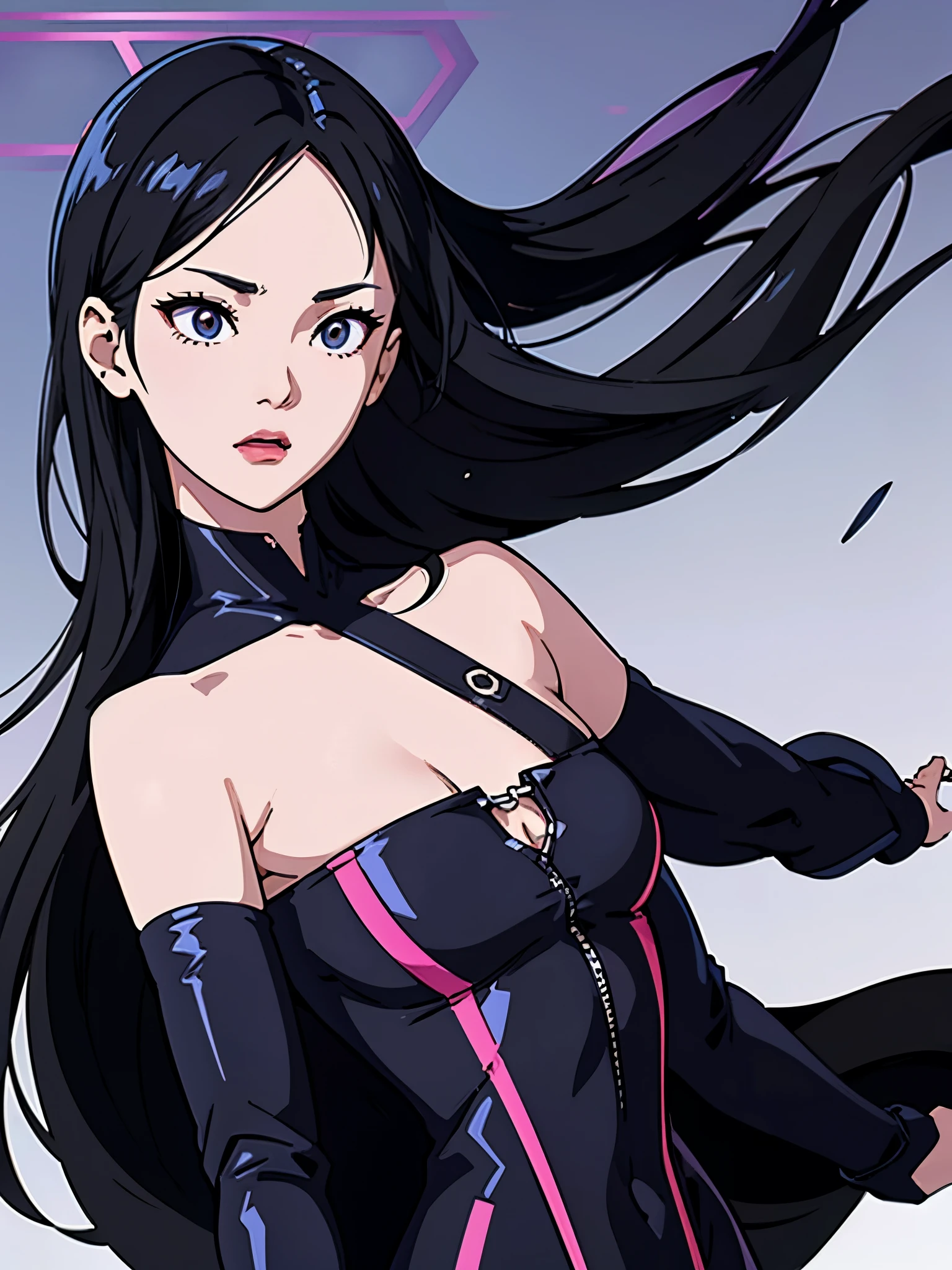 digital art drawing, illustration of (girl, long dark black hair mid part, brown eyes, sexy facial expression, flat chest, light blue corsette, single arm black sleeve, cyberpunk background), anime drawing/art, bold linework, illustration, digital art, masterpiece, flat illustration, no shadows, 8k resolution, high detail, vector art, only anime, perfect eyes, perfect hands, perfect fingers, sharpness, high clarity, medium close up, high fidelity