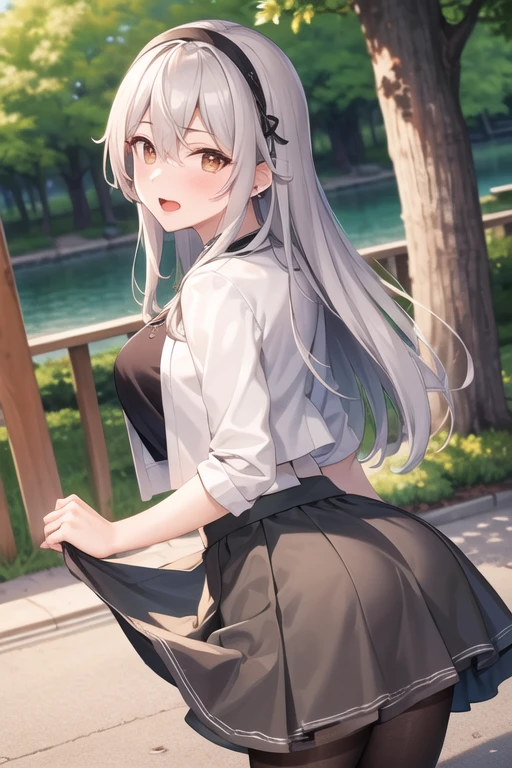(masterpiece,best quality,high resolution,8k:1.2),
1 Girl,(Mature female:1.3),From the back,
Hemharuna, White hair band, Hairpin, anchor necklace, jewelry, White jacket, Pantyhose, Black shirt, Gray skirt、Big ,blush,open mouth,Looking at the audience,
outdoor,Skirt lifted up