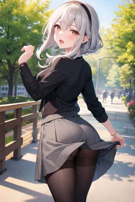 (masterpiece,best quality,high resolution,8k:1.2),
1 Girl,(Mature female:1.3),From the back,
Hemharuna, White hair band, Hairpin, anchor necklace, jewelry, White jacket, Pantyhose, Black shirt, Gray skirt、Big ,blush,open mouth,Looking at the audience,
outdoor,Skirt lifted up