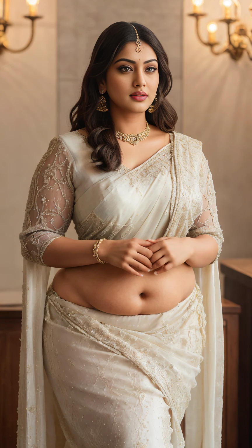 Beautiful Indian curvy plus size Woman madhubala, wearing saree, sari Beauty, gorgeous, curvy plus suze body, Apsara, Maharani, royal queen woman,  Urvashi, matchless beauty, Highly detailed, Matchless beauty, captivating, gorgeous, heavenly beauty, celestial beauty,  realistic, hyper realistic, micro details, insane details, ultra High resolution, 8k, 32k,  intricate, flawless, detailed, detailed face, detailed eyes, masterpiece, perfect face, perfect body, beautiful art, realism, highly textured, beautiful and detailed eyes, uhd, best quality,