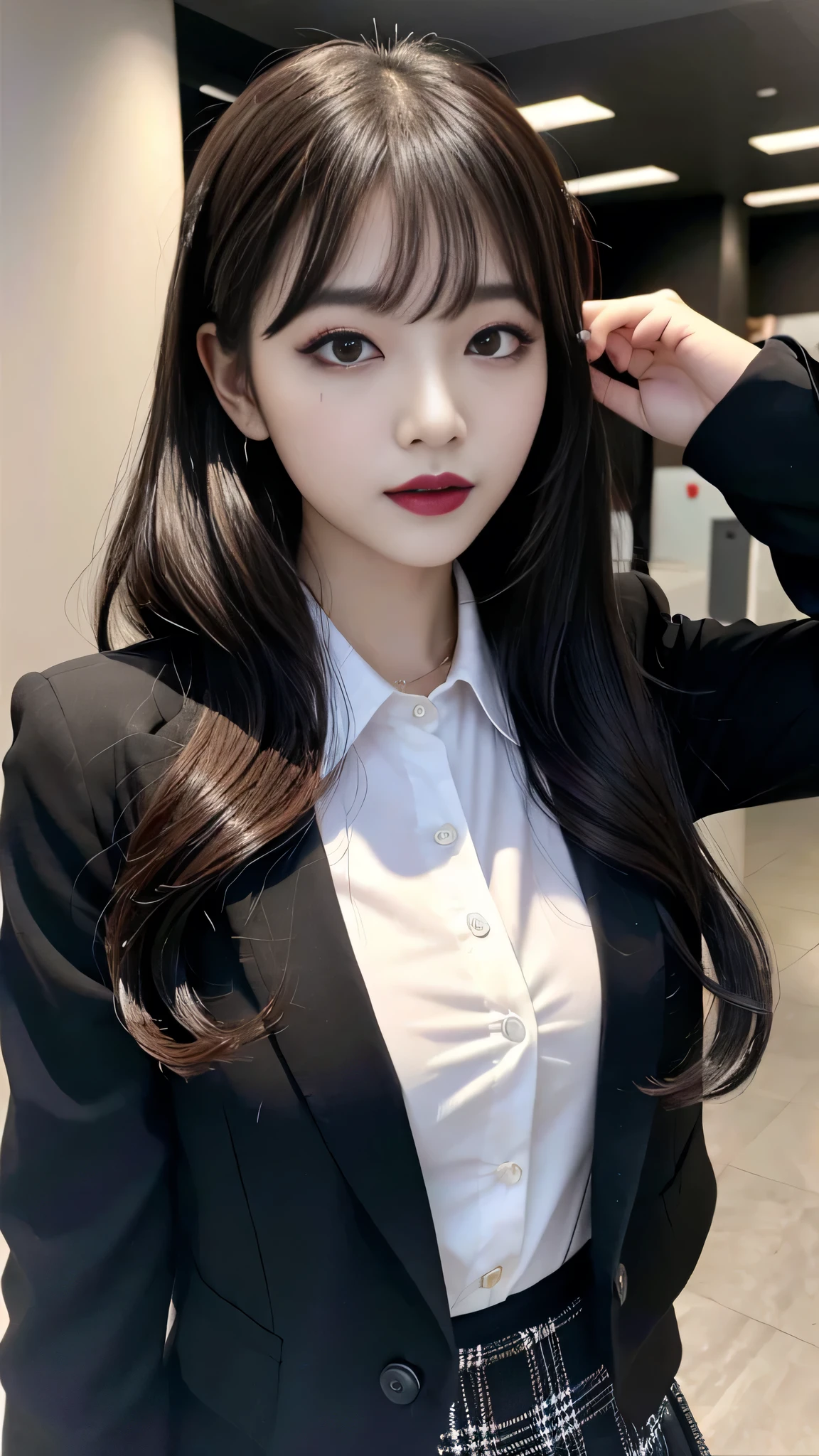 create a beautiful executive woman with a bald face, Big guys with makeup in their office with a lot of work in executive clothes that everyone is afraid of having long, wavy black hair 