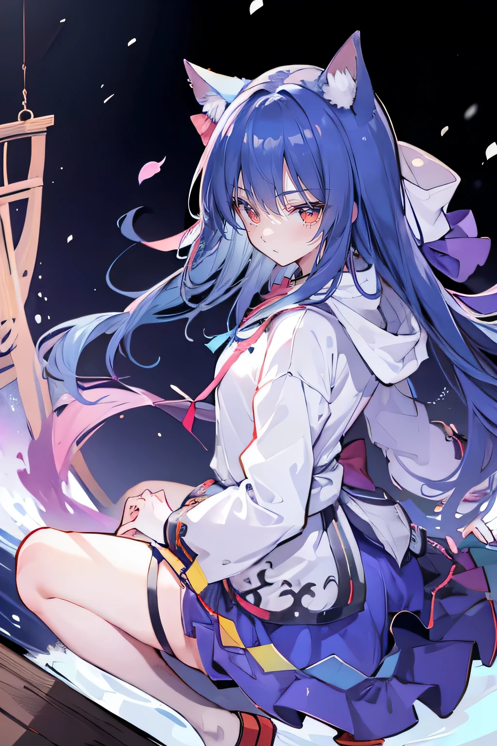 (masterpiece:1.2),Super detailed,lifelike,Expressive eyes,fair skin,perfect face shape,1 girl,
Japanese comics,Gorgeous blue hair,flowing blue hair,flowing clothes,Cat ears,Petals fall,beautiful lola,Baby Angel,
Shaking head with one hand,Cross your legs,Gentle and peaceful background,The pavilion is cool and comfortable,smile, wearing hoodie, background of tokyo,back views,snowing, winter.