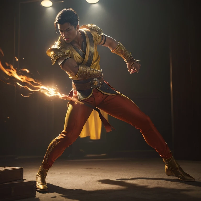 (master piece:1.5), (best quality:1.5), (exquisite lighting and shadow, highly dramatic picture, cinematic lens effect) (Photorealistic picture) (Card game image) 8k, wallpaper, dynamic pose, a four arm fighter, yellow skin, red pants, highly detailed, realistic, cinematic lighting, studio quality