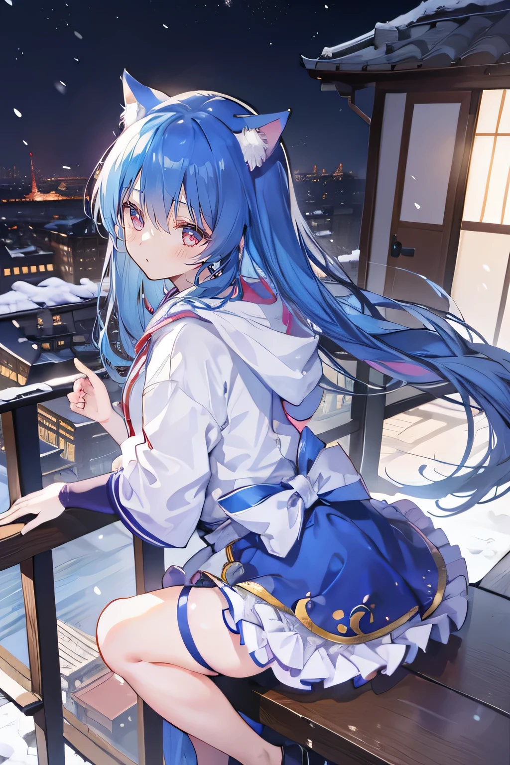 （masterpiece：1.2），Super detailed，lifelike，Expressive eyes，fair skin，perfect face shape，1 girl，
Japanese comics,Gorgeous blue hair,flowing blue hair,flowing clothes,Cat ears,Petals fall,beautiful lola,Baby Angel,
Shaking head with one hand，Cross your legs，Gentle and peaceful background，The pavilion is cool and comfortable,smile, wearing hoodie, background of tokyo,back views,snowing, winter.