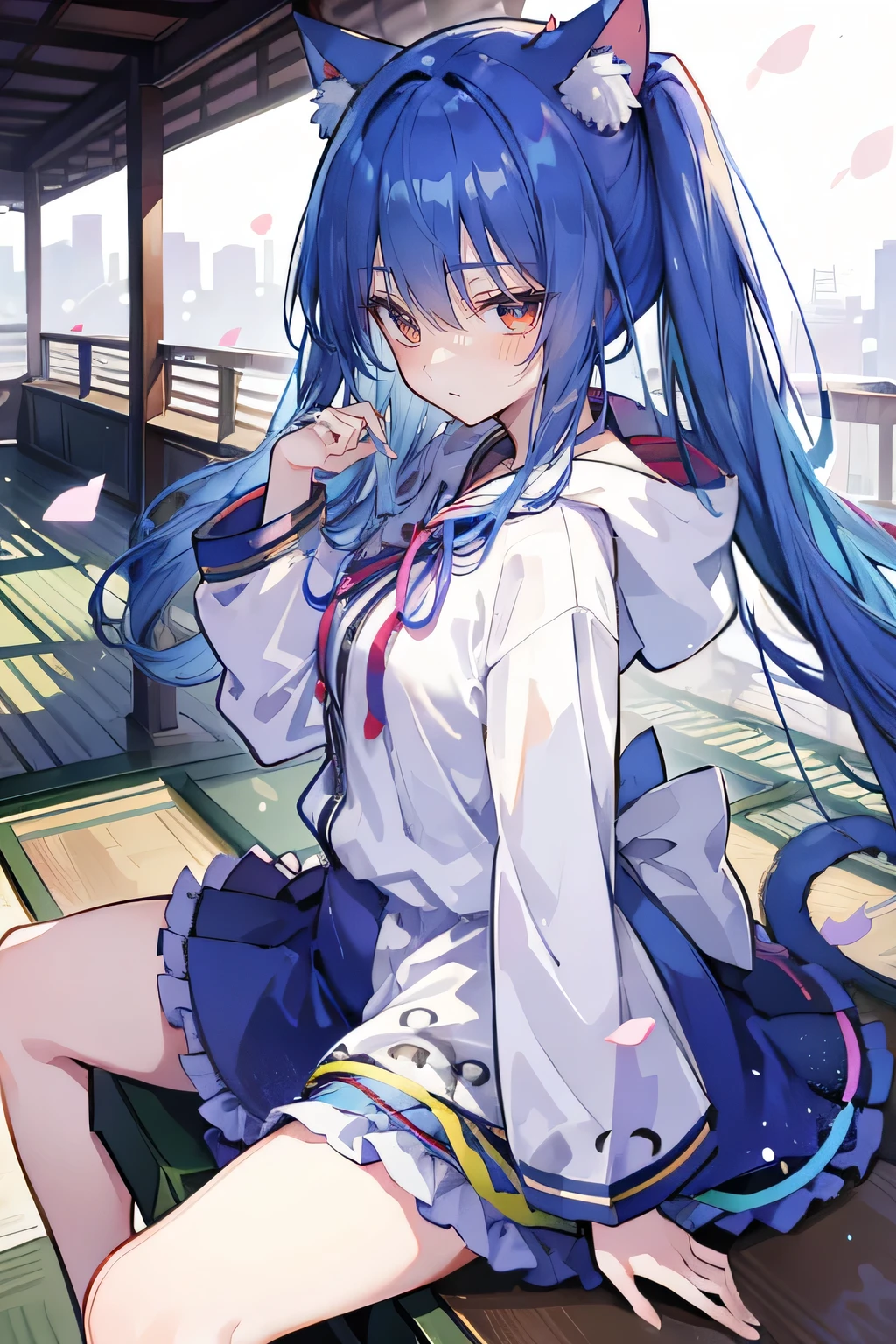 (masterpiece:1.2),Super detailed,lifelike,Expressive eyes,fair skin,perfect face shape,1 girl,
Japanese comics,Gorgeous blue hair,flowing blue hair,flowing clothes,Cat ears,Petals fall,beautiful lola,Baby Angel,
Shaking head with one hand,Cross your legs,Gentle and peaceful background,The pavilion is cool and comfortable,smile, wearing hoodie, background of tokyo,back views,snowing, winter.