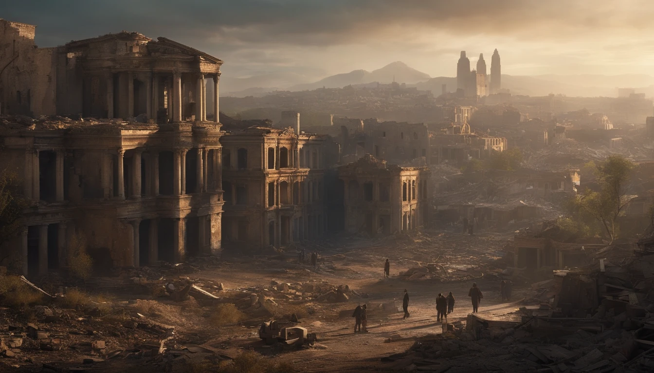A ruined world, A ruined city and a chaotic and desperate human society. The camera pans across the ruins of a once thriving city, Showing a collapsed and abandoned building, While the survivors scavenge for resources in the background.