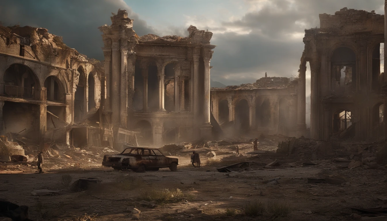 A ruined world, A ruined city and a chaotic and desperate human society. The camera pans across the ruins of a once thriving city, Showing a collapsed and abandoned building, While the survivors scavenge for resources in the background.