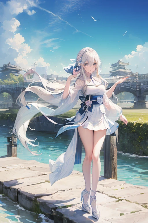 official art, masterpiece, Clear focus, (fair, Beautiful and cute Korean woman:1.3), (Beautiful and cute Korean:1.3), Korean beauty, Exquisite and beautiful hair、eyes and face, actual, Super detailed, beautiful girl, Blue sky, Glowing white particles, (Side light:1.2), Sunlight, White Cloud, Detailed clouds, Slim, Such a cute big ass, Smile with teeth bared, ((Smile with your eyes, Open your eyes)), landscape, Long straight hair, Sexy facial expressions, architecture, (城市landscape:1.7), Dynamic Hair, very Long straight hair, Delicate platinum-blonde hair, Green Eyes, Pink skirt, Black socks, Pale skin, Hair accessories, epic landscape,，White high heels，Nice ass，fair buttocks，There&#39;s nothing under the skirt.，weight loss