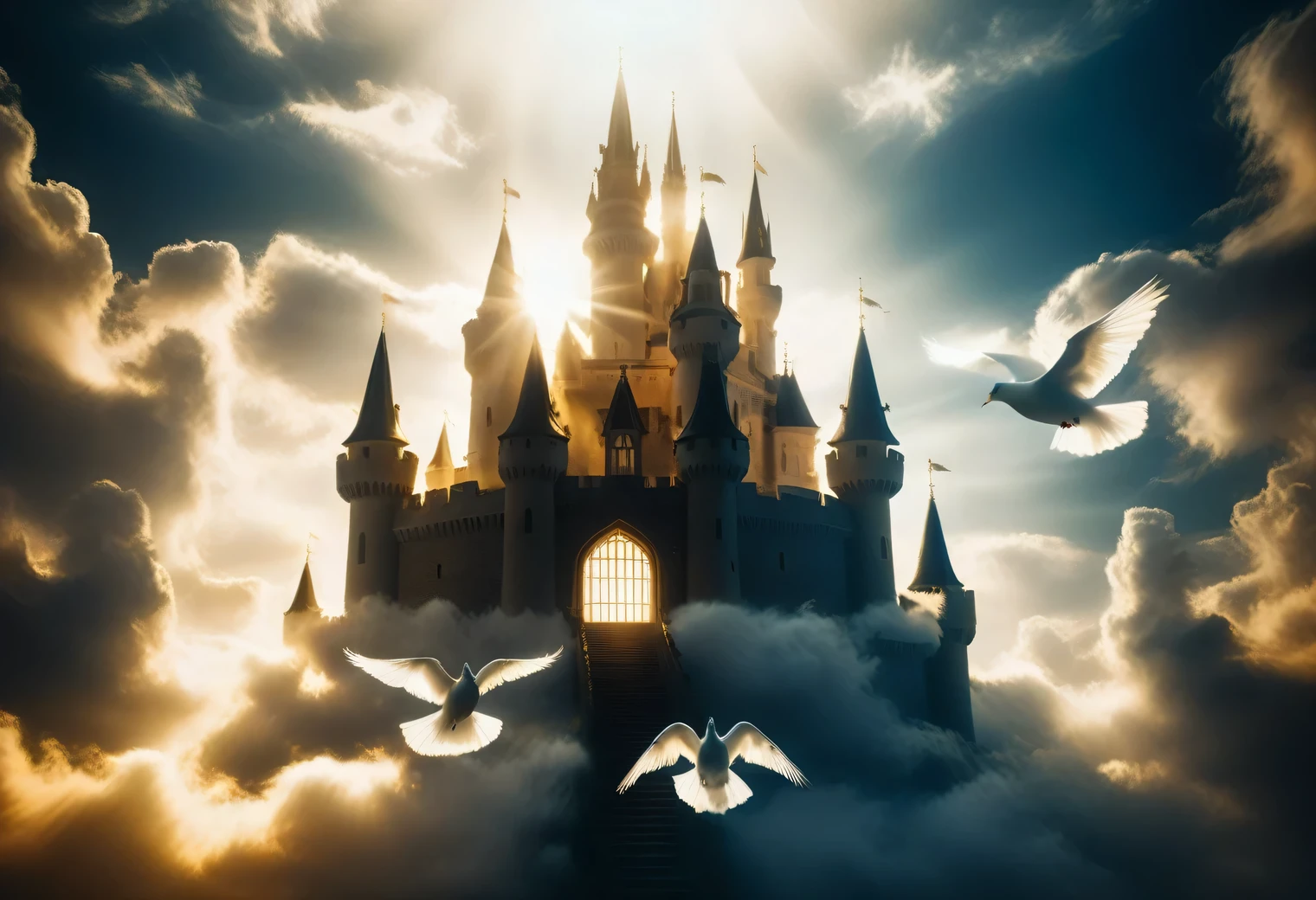 Analog photography, there is a shining Dream Castle in the sky among the clouds, Dream Castle is very beautiful and exquisite surrounded by clouds and golden radiance and golden light, rays of golden light radiate from Dream Castle, ghosts, souls, white doves, realistic, high resolution, 32k,analog photo