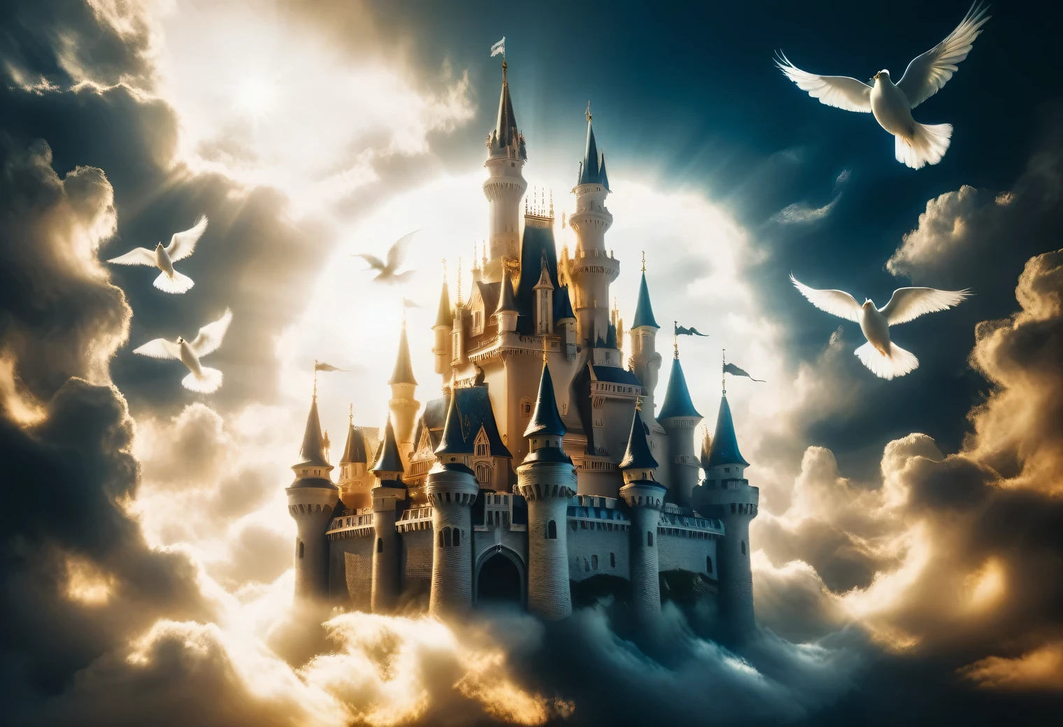 Analog photography, there is a shining Dream Castle in the sky among the clouds, Dream Castle is very beautiful and exquisite surrounded by clouds and golden radiance and golden light, rays of golden light radiate from Dream Castle, ghosts, souls, white doves, realistic, high resolution, 32k,analog photo