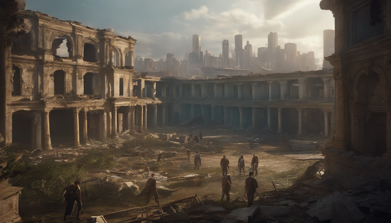 A ruined world, Abandoned cyber city and chaotic, desperate human society. The camera pans across the ruins of a once thriving city, Showing a collapsed and abandoned building, While the survivors scavenge for resources in the background.