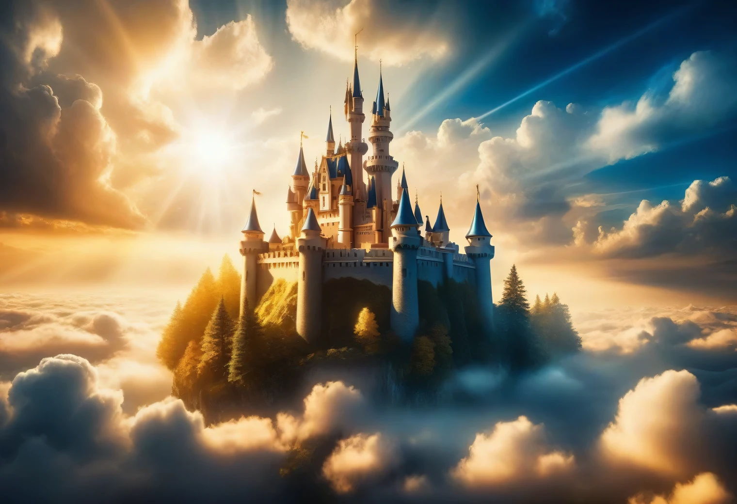 Analog photography, there is a shining Dream Castle in the sky among the clouds, Dream Castle is very beautiful and exquisite surrounded by clouds and golden radiance and golden light, rays of golden light radiate from Dream Castle, realistic, detailed, high resolution, 32k,analog photo