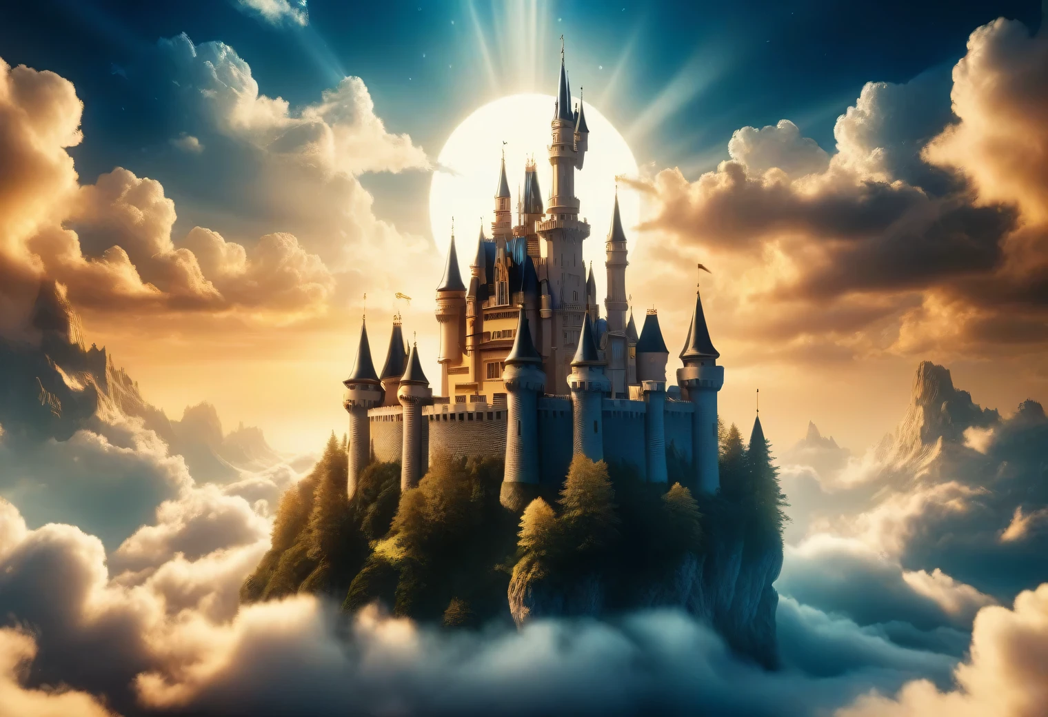 Analog photography, there is a shining Dream Castle in the sky among the clouds, Dream Castle is very beautiful and exquisite surrounded by clouds and golden radiance and golden light, rays of golden light radiate from Dream Castle, realistic, detailed, high resolution, 32k,analog photo