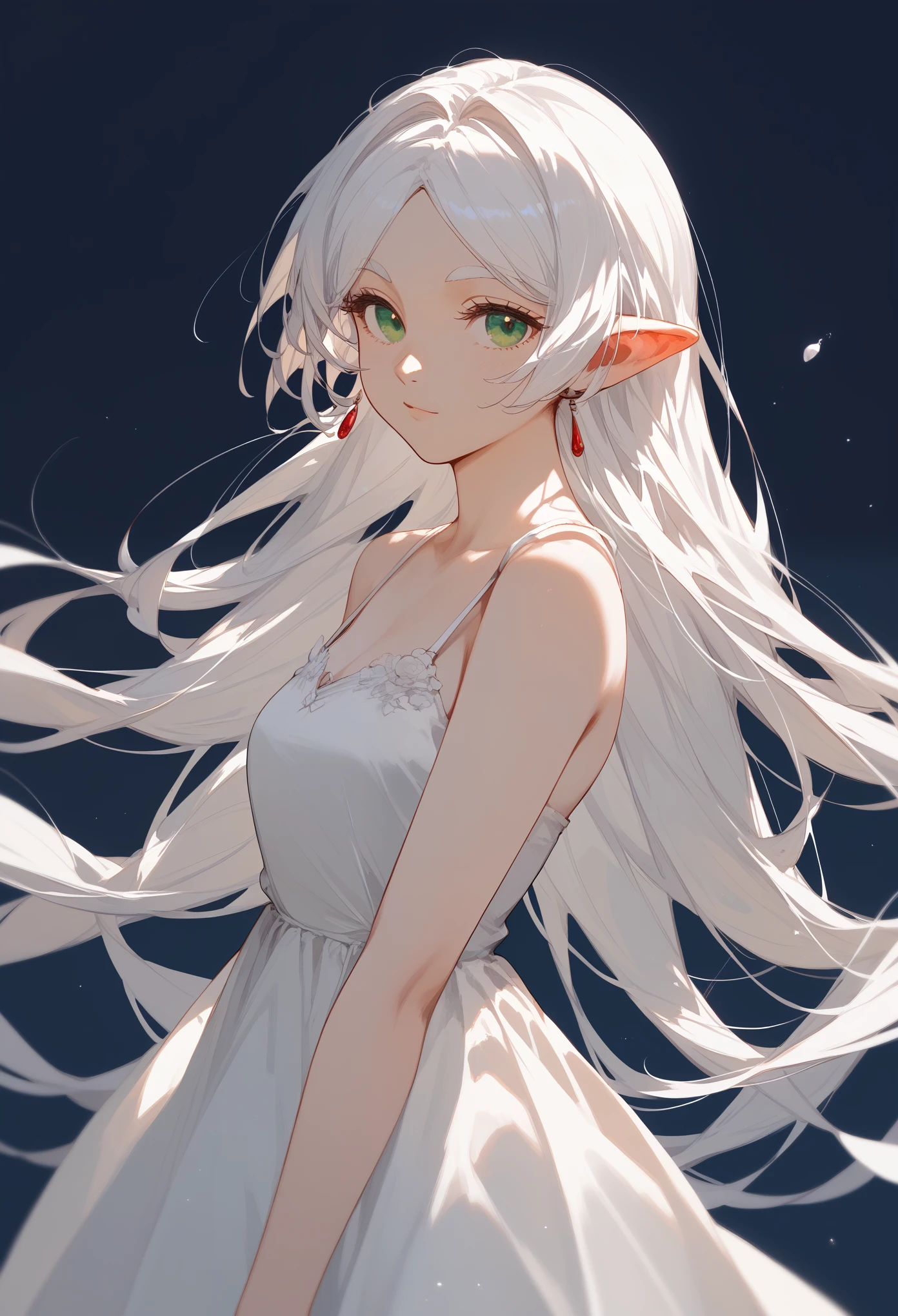 masterpiece, best quality, (score_9, score_8_up, score_7_up), 1girl, solo, portrait, FrierenSleepwear, green eyes, neutral, innexpressive, white hair, long hair, white dress, spaghetti straps, sleeveless dress, standing, looking at viewer, white background, simple background
