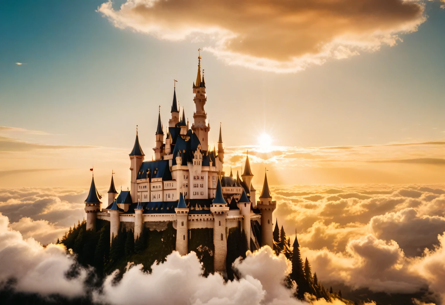 Analog photography, there is a shining Dream Castle in the sky among the clouds, Dream Castle is very beautiful and exquisite surrounded by clouds and golden radiance and golden light, rays of golden light radiate from Dream Castle, realistic, detailed, high resolution, 32k,analog photo