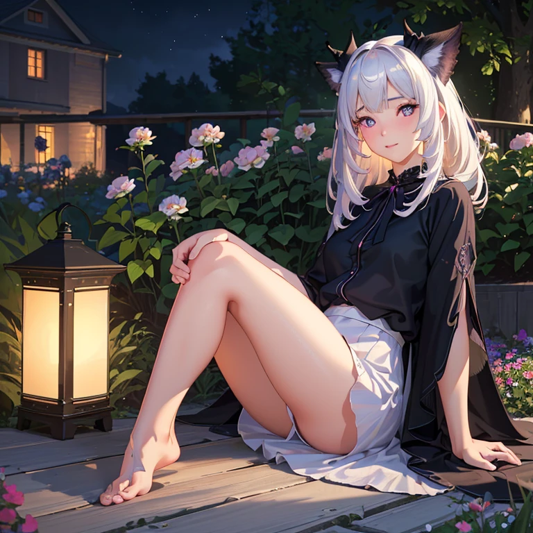 (best quality,4k,8k,highres,masterpiece:1.2),ultra-detailed,(realistic,photorealistic,photo-realistic:1.37),illustration,soft lighting,a girl with white hair,deep purple eyes,glowing eyes,sitting down,barefoot,face blushing,in a garden at night,flowers.