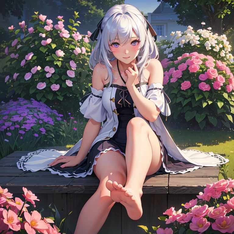 (best quality,4k,8k,highres,masterpiece:1.2),ultra-detailed,(realistic,photorealistic,photo-realistic:1.37),illustration,soft lighting,a girl with white hair,deep purple eyes,glowing eyes,sitting down,barefoot,face blushing,in a garden at night,flowers.