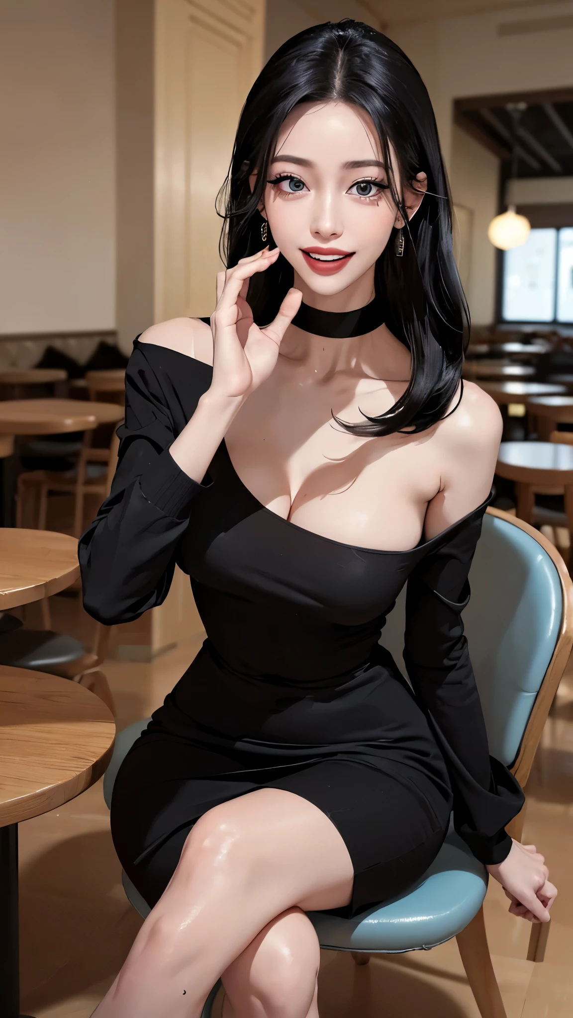 ((((Open your mouth))))、masterpiece,highest quality,High resolution,Very detailed,bb Festival,meだium hair,skinny,,((((( Captivating smile ))))),skinny,Black Choker,Earrings,Huge cleavage、Off-the-shoulder tight sweater dress、,Race,(( Perfect Fingers )) , indoor,(Cafe:1.2),((Blowjob Gestures:1.5))、Open your mouth ,Sitting,Chair,Heavy breathing ,
Accurate 5-finger、Accurate human body、Perfect human body、The most beautiful face Accurate to the human body、Correct five-finger、Perfect human body、Detailed people、Highly detailed face and skin texture、Natural neck length、(Beautiful Hands)、Beautiful, long and slender legs、Correct two legs、Correct two arms、