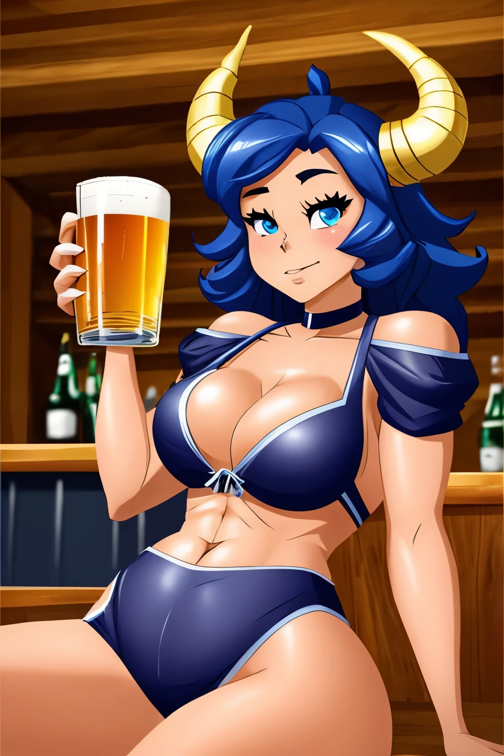 a cartoon of a woman sitting at a table, big horns, drinking, inside a tavern, drinking at the bar, really big, adult animation in the shadow of a cell, drunk woman, holding a big glass of beer, beer being drunk and spilled , oni horns, big chest, giantess shot, extremely detailed giantess shot, drinking a beer, drinking beer