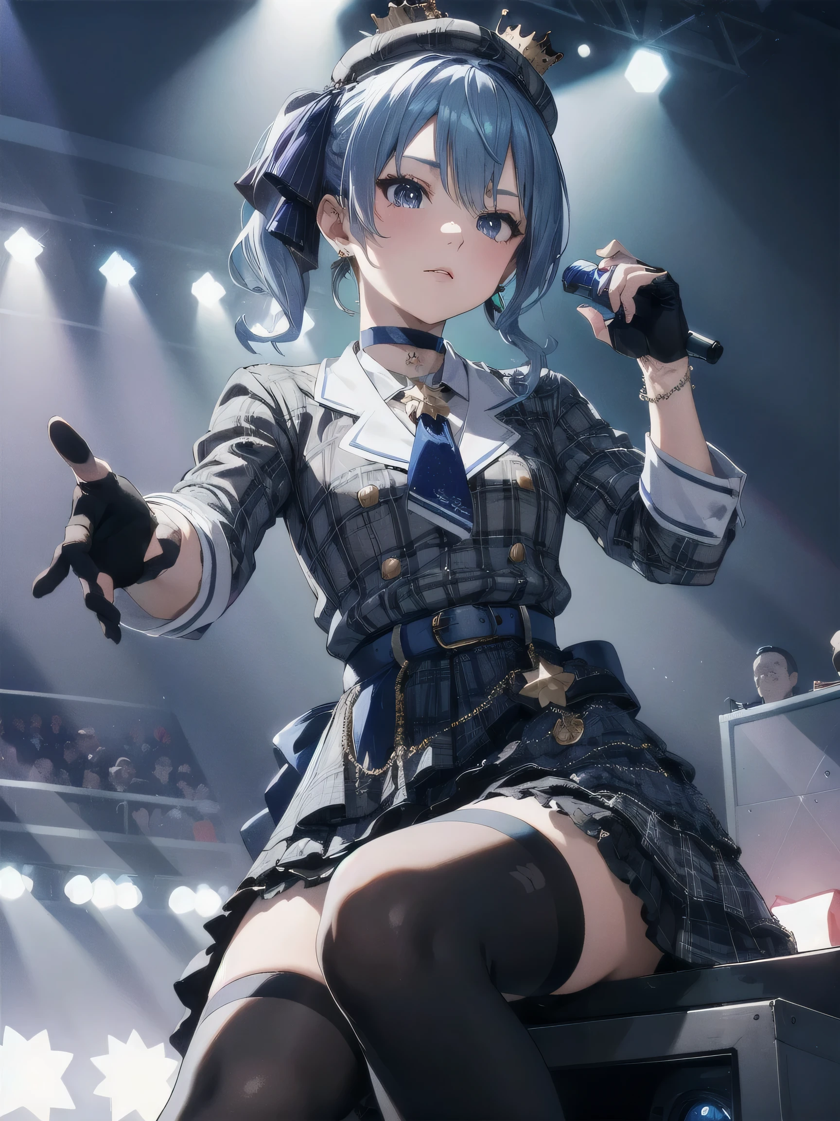 (realistic, photo realistic:1.2), ((highest quality)), beautiful face details, real human skin, pretty embarrassing, SuiseiBase, plaid beret, crown, blue star choker, star earrings, blue ascot, plaid jacket, plaid skirt, layered skirt, partially fingerless gloves, star bracelet, uneven legwear, thigh strap, Cowboy Shot, sitting on speaker, knees raised, Cute face, deadpan, Looking at Viewer, (on stage), (stage lights), (crowd, audience:1.3), from below