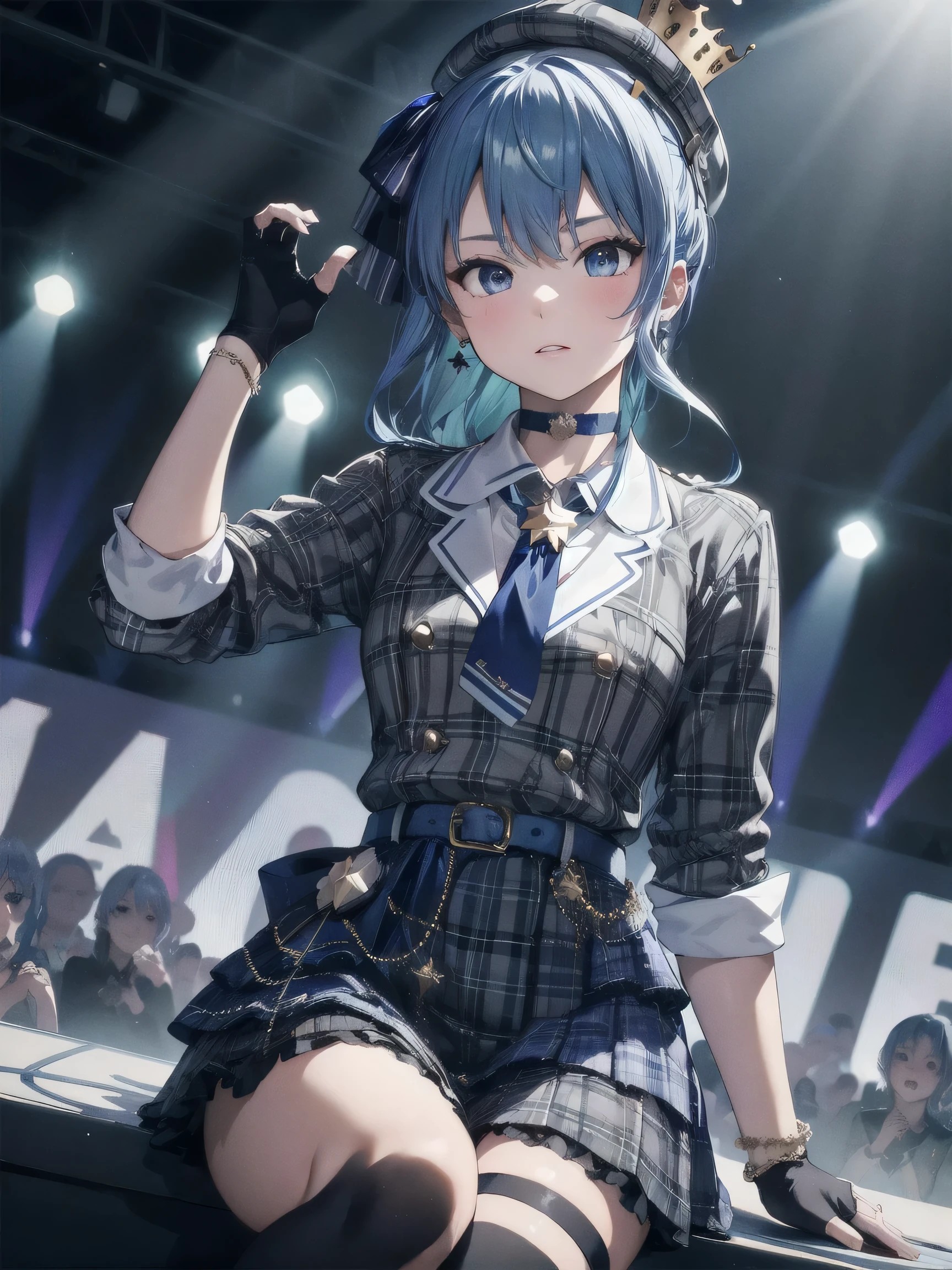 (realistic, photo realistic:1.2), ((highest quality)), beautiful face details, real human skin, pretty embarrassing, SuiseiBase, plaid beret, crown, blue star choker, star earrings, blue ascot, plaid jacket, plaid skirt, layered skirt, partially fingerless gloves, star bracelet, uneven legwear, thigh strap, Cowboy Shot, sitting on speaker, knees raised, Cute face, deadpan, Looking at Viewer, (on stage), (stage lights), (crowd, audience:1.3), from below