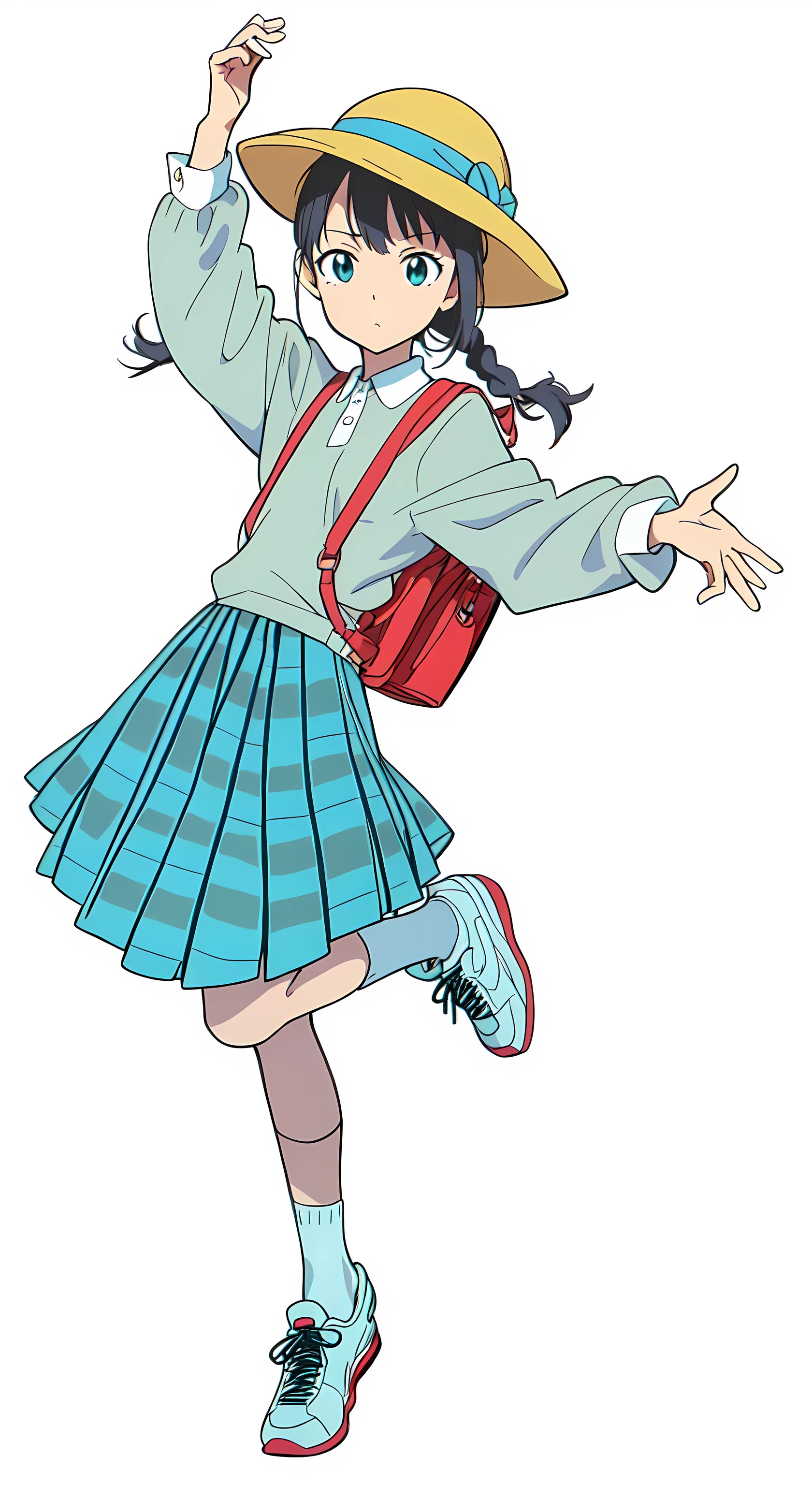 (tareme:1.0), (white background:1.0), (best quality:1.0), (masterpiece:1.0), (super fine illustration:1.0), (beautiful artwork:1.0), (anime screencap:1.0), (official art:1.0), (full body:1.0), (solo:1.0), (ESGA:1.0), (a 12yo cute girl:1.0), (yellow hat:1.0), (red backpack:1.0), (long skirt:1.0), (green tartan skirt:1.0), (pleated skirt:1.0), (aqua blue polo shirt:1.0), (long sleeve polo shirt:1.0), (sneakers:1.0), (white socks:1.0), (ideal ratio body proportions:1.5), (lanky:1.5), (tall:1.5), (slender:1.5), (small breasts:1.5), (smaller face:1.5), (tareme:1.0), (detailed beautiful eyes:1.0), (detailed beautiful face:1.0), (glowing black eyes:1.0), (short hair:1.0), (swept bangs:1.0), (twin braids:1.0), (black hair:1.0), (looking at viewer:1.0)