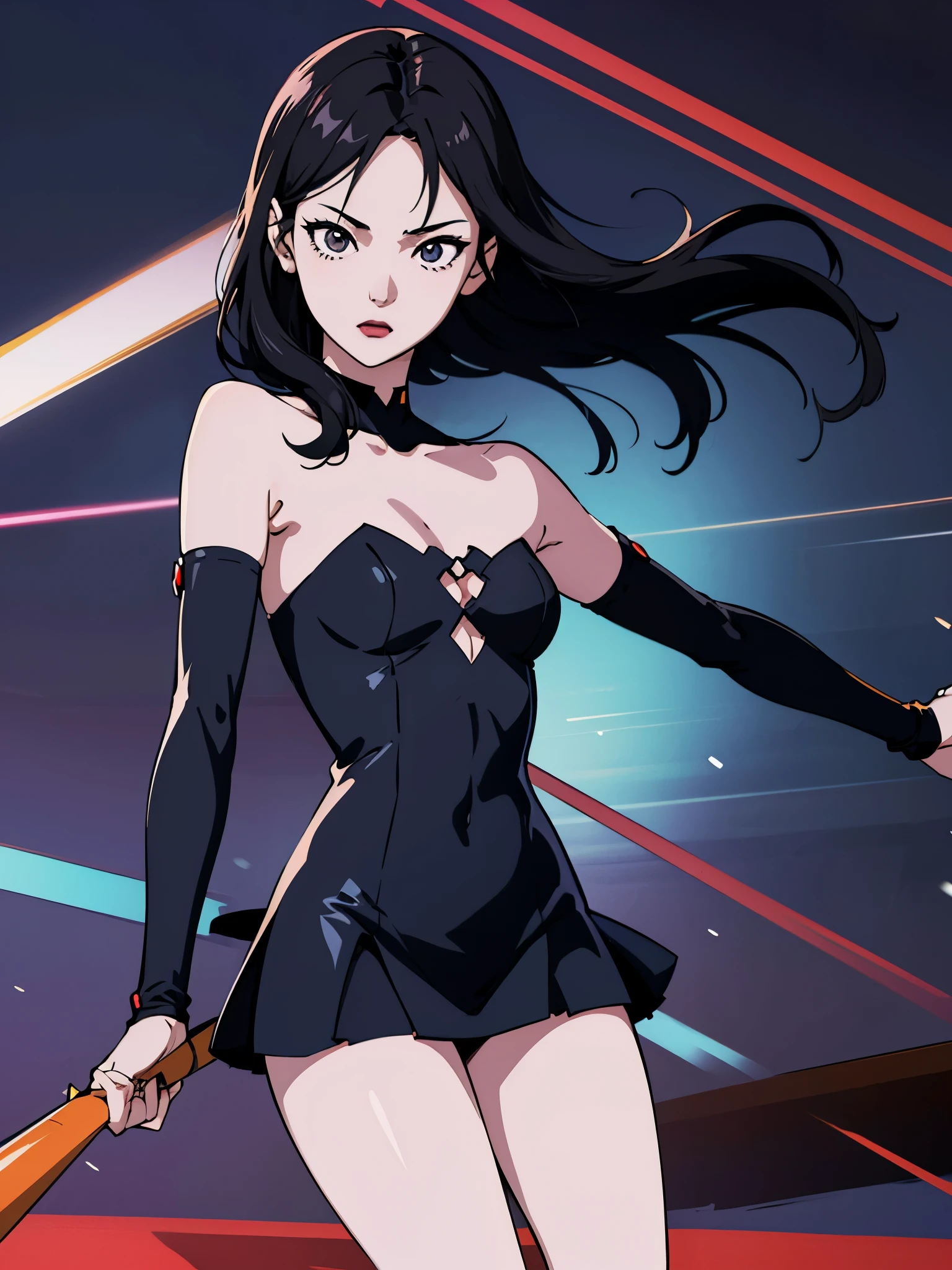 digital art drawing, illustration of (girl, long dark black hair mid part, brown eyes, sexy facial expression, flat chest, light blue corsette, single arm black sleeve, cyberpunk background), anime drawing/art, bold linework, illustration, digital art, masterpiece, flat illustration, no shadows, 8k resolution, high detail, vector art, only anime, perfect eyes, perfect hands, perfect fingers, sharpness, high clarity, medium close up, high fidelity