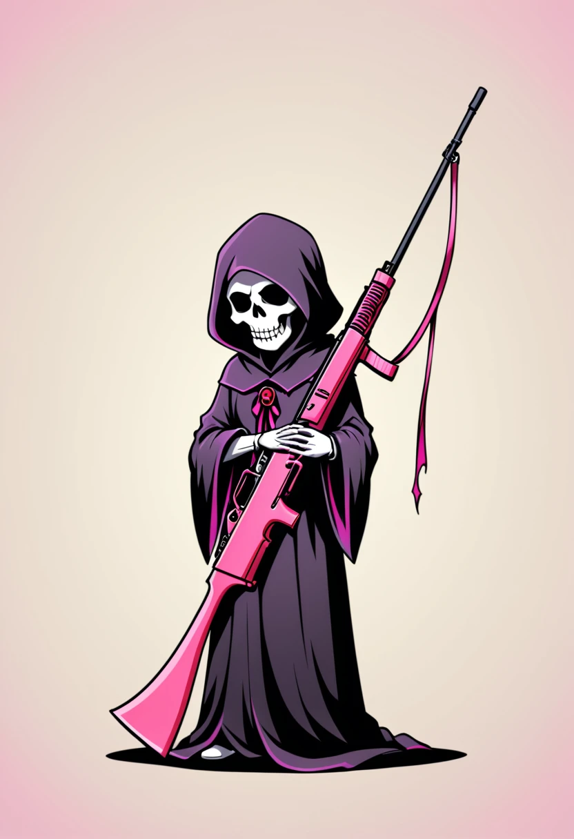 Vector style, logo style, cute, pink, grim reaper, hold rifle. 
