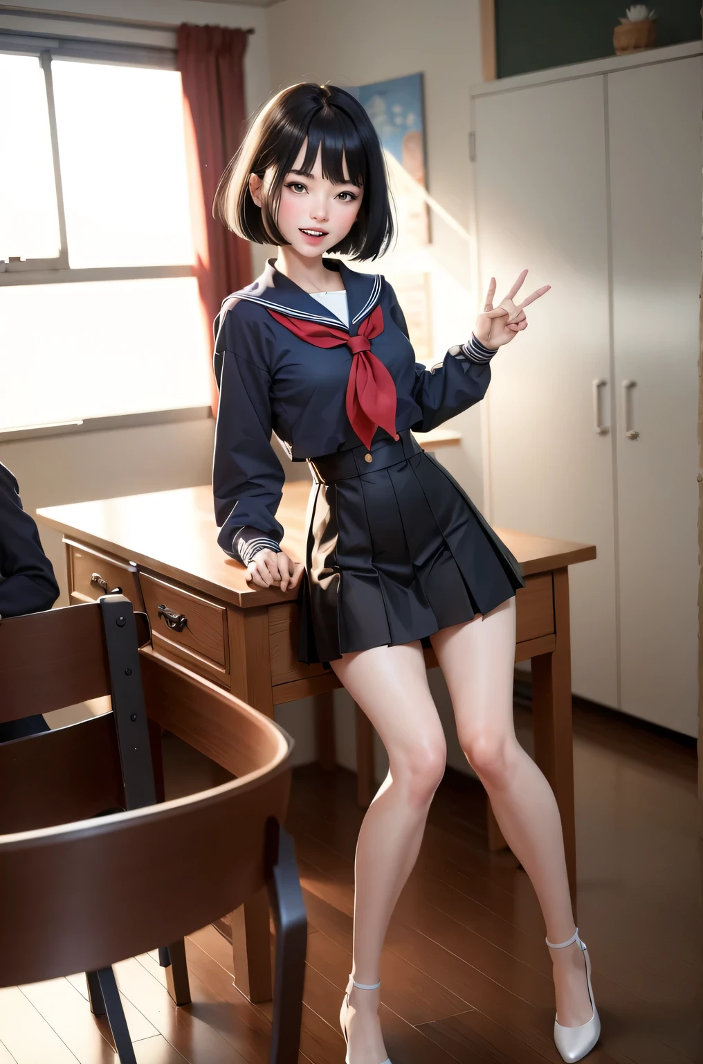 (top-quality、in 8K、32K、​masterpiece、nffsw、超A high resolution、Impresionismo、Photorealsitic:1.2)、Full body, Inside the classroom、Schools、Evening glow、beauitful face、blurry backround、16-year-old beautiful girl、shinny skin、bob cuts、Beautiful black hair、Red Eyes、(Katyusha:1.2)、a sailor suit、Pleated miniskirt、Curve、dynamicposes、Smile with open mouth、Two girls